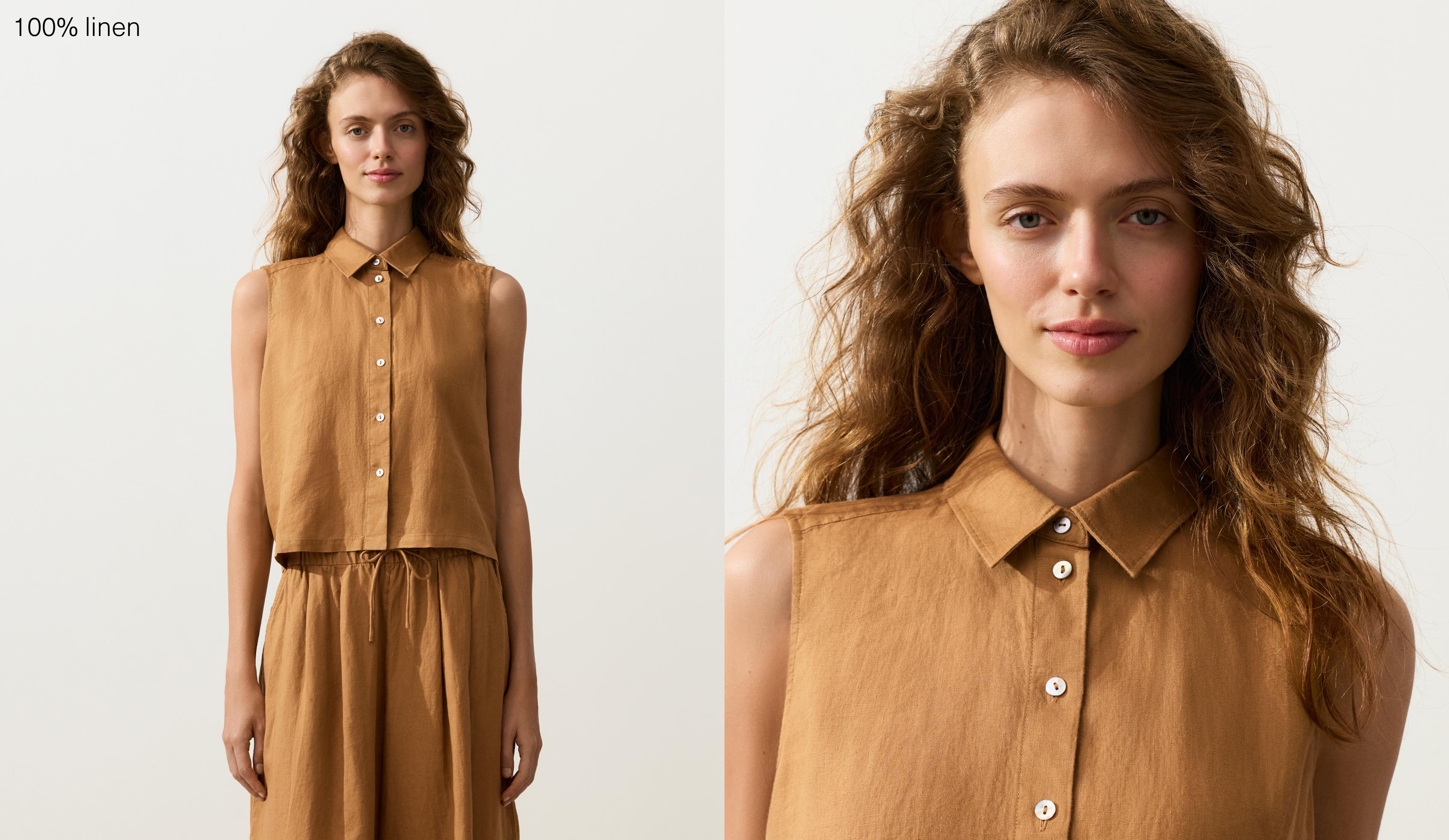 Sleeveless cropped 100% linen shirt — MUSTARD