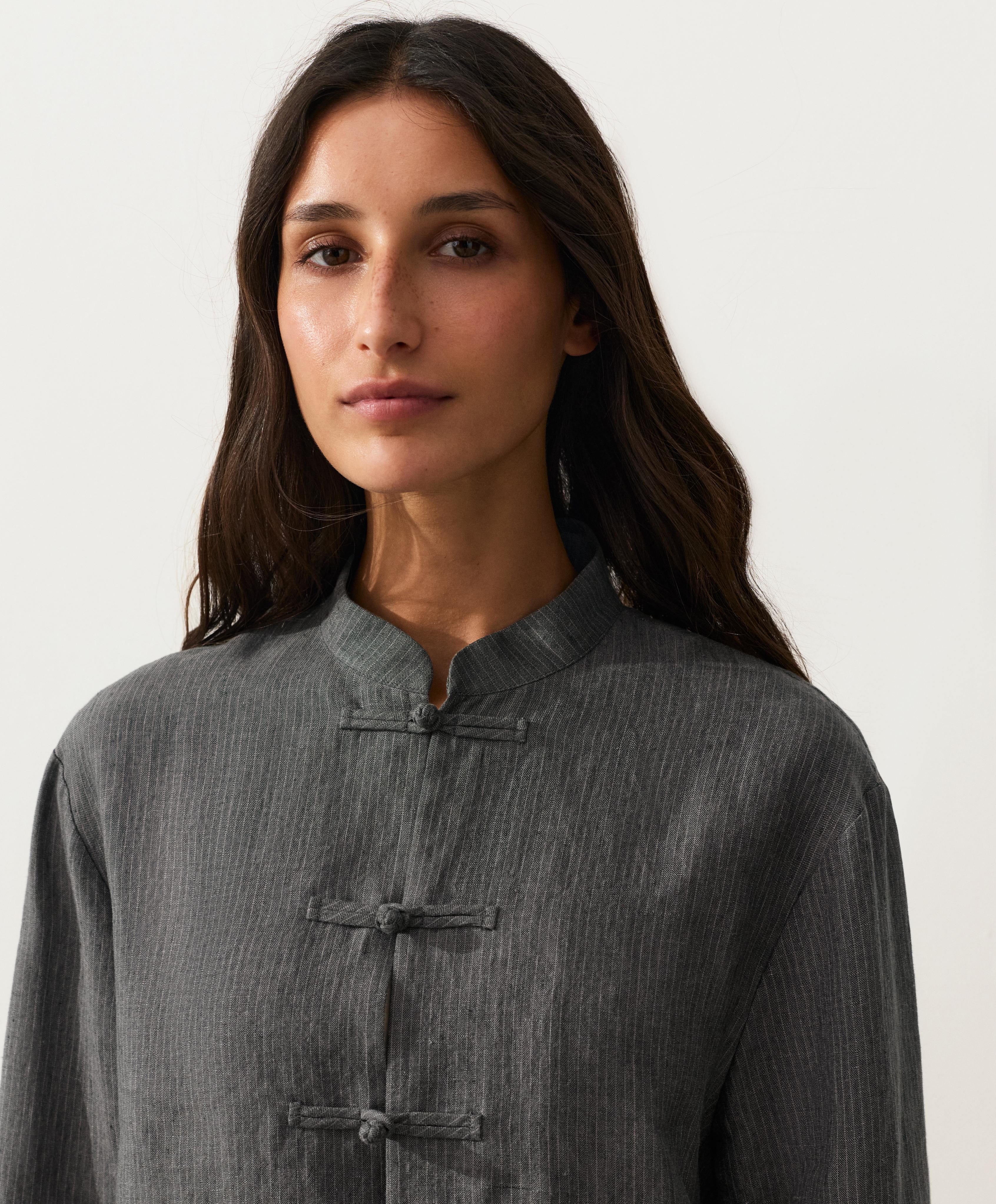 Striped 100% linen stand-up collar shirt — DARK ANTHRACITE