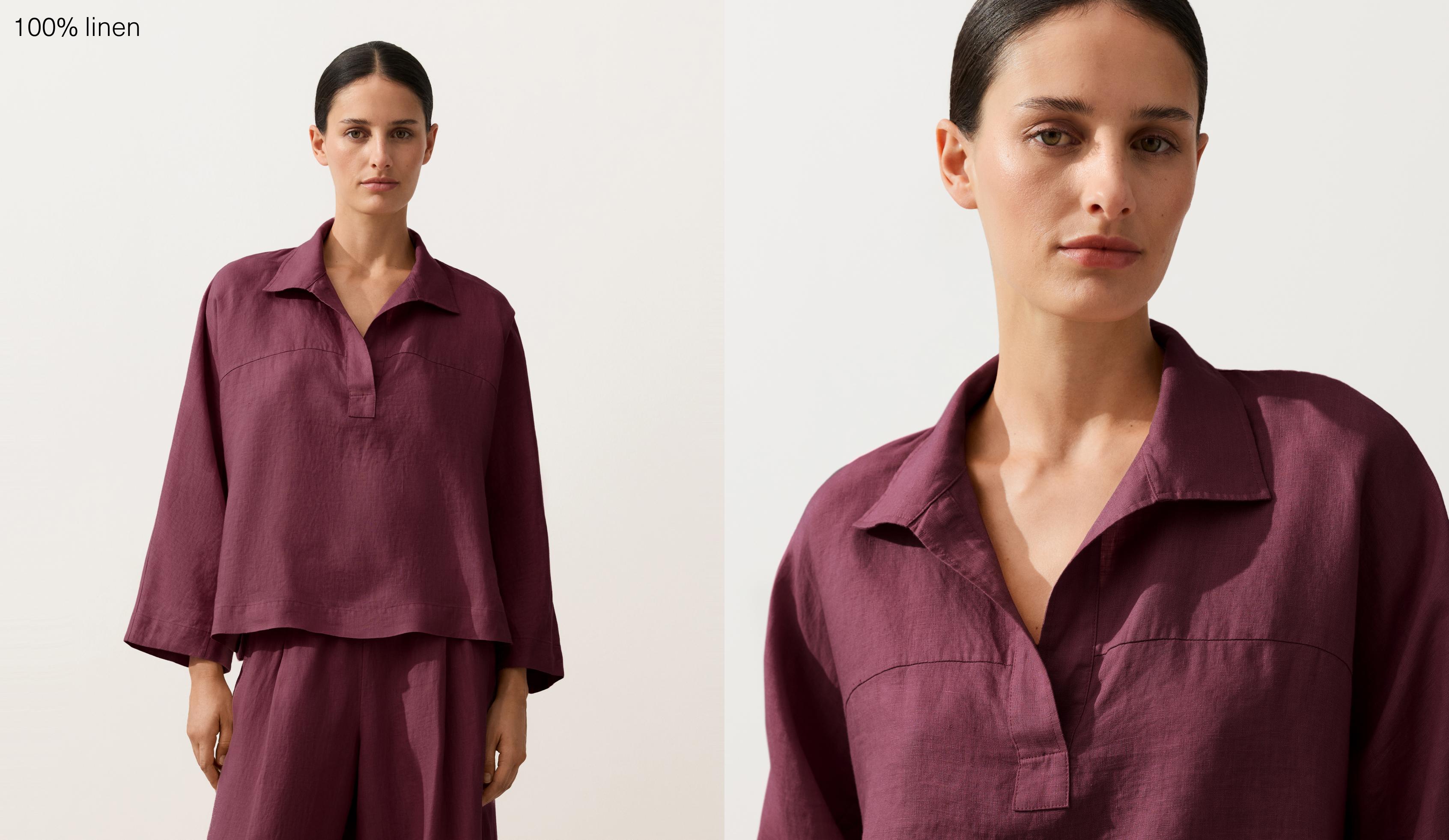 Oversize long-sleeve 100% linen polo shirt — CHERRY