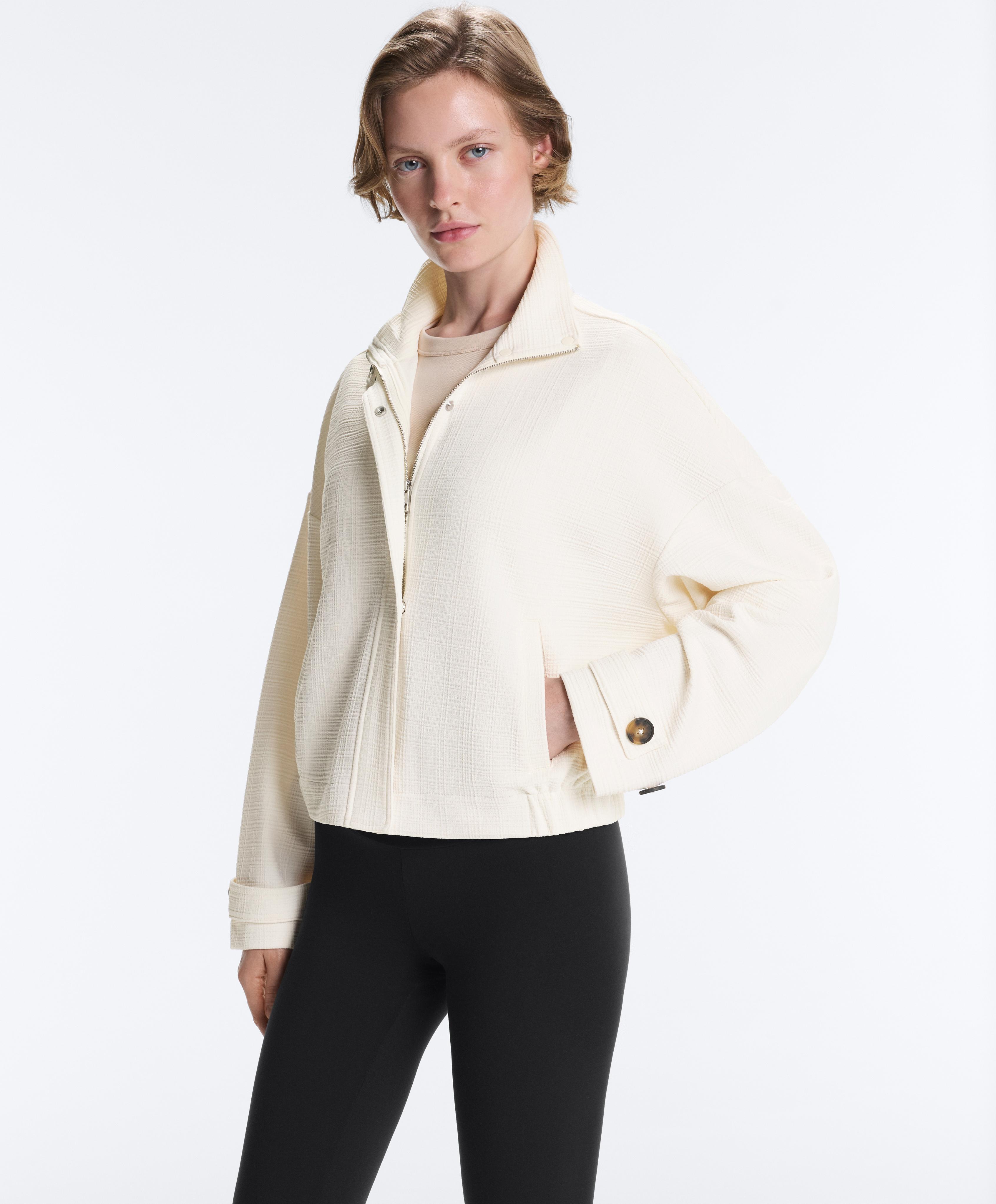 Cotton stripe texture cropped jacket — PALE ECRU