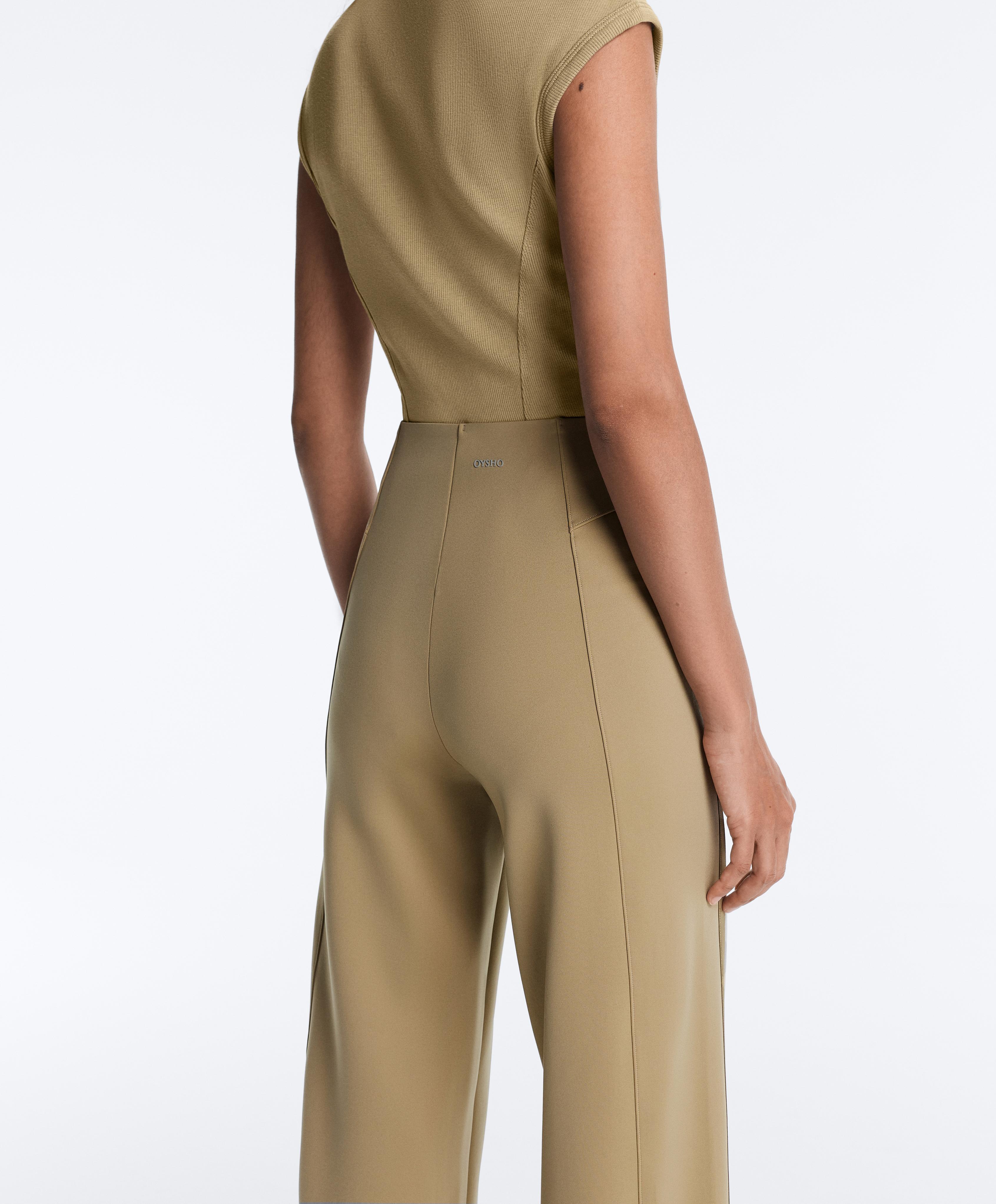 High rise neoprene-effect straight-leg trousers with piping — GREEN BEIGE
