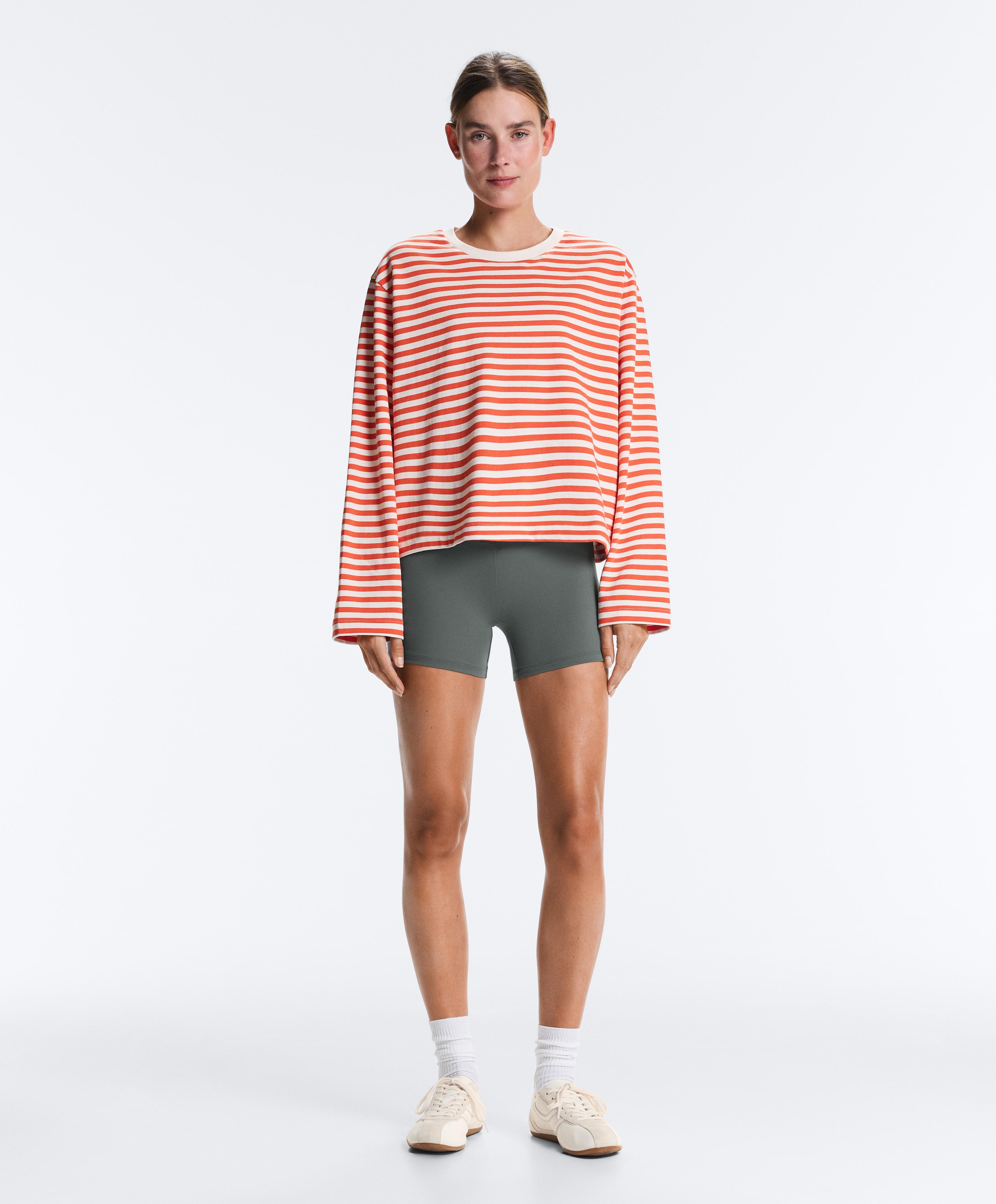 Boxy long-sleeved stripe 100% cotton T-shirt — BRIGHT ORANGE