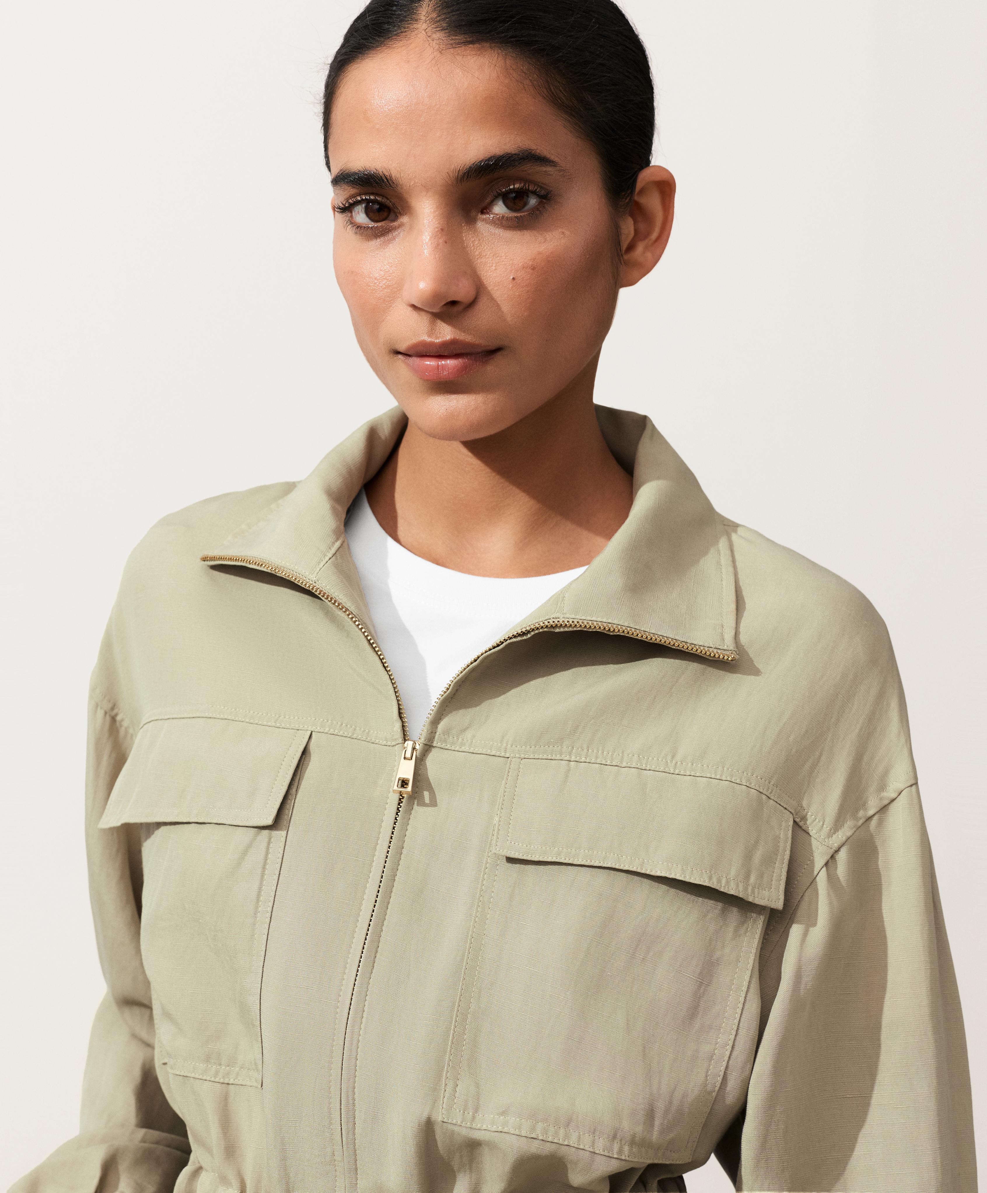 Lyocell and 24% linen blend ruched waist jacket — GREEN BEIGE