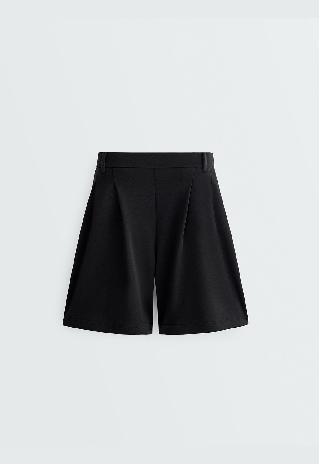Soft-touch modal Bermuda shorts with pleats — BLACK