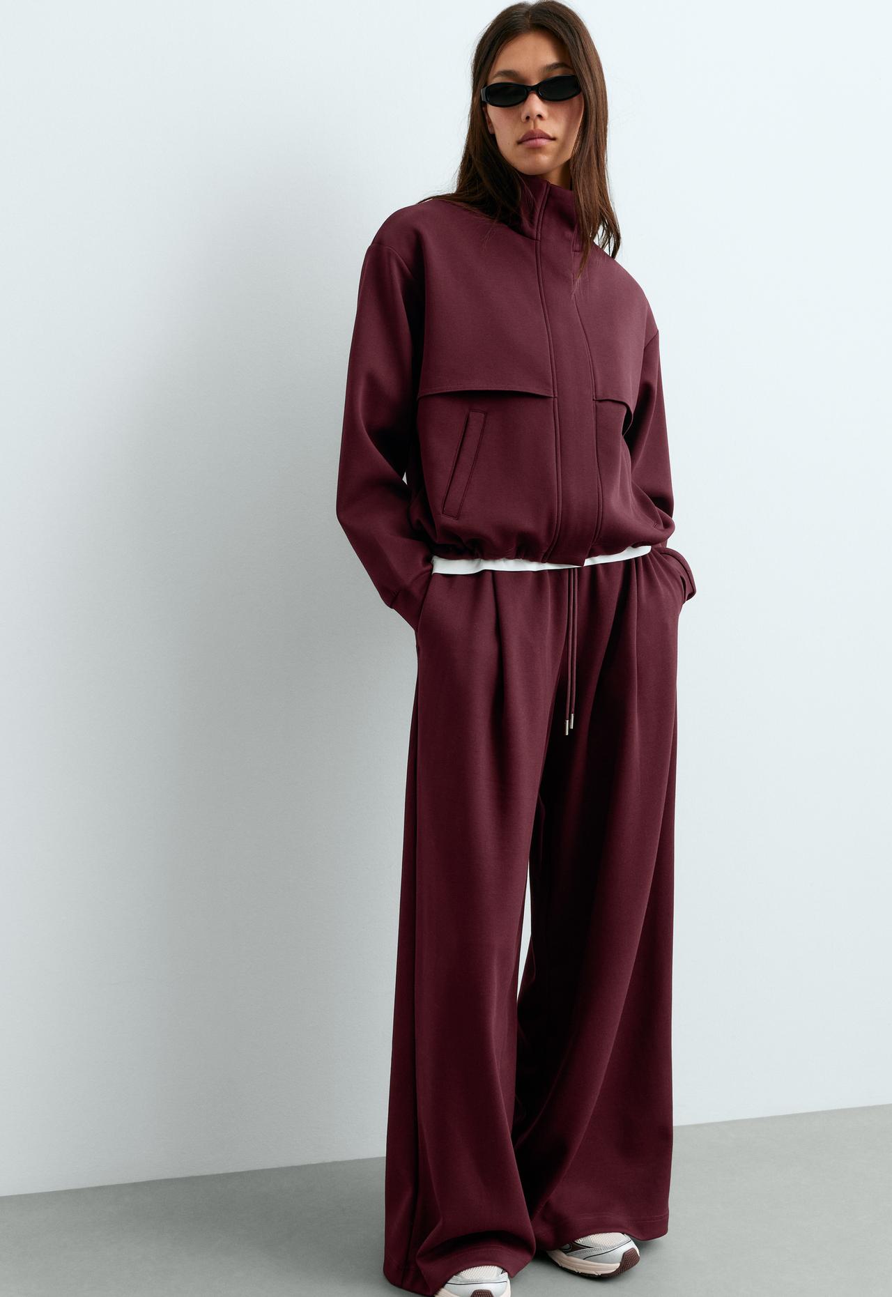 Wide leg piqué cotton trousers — BURGUNDY