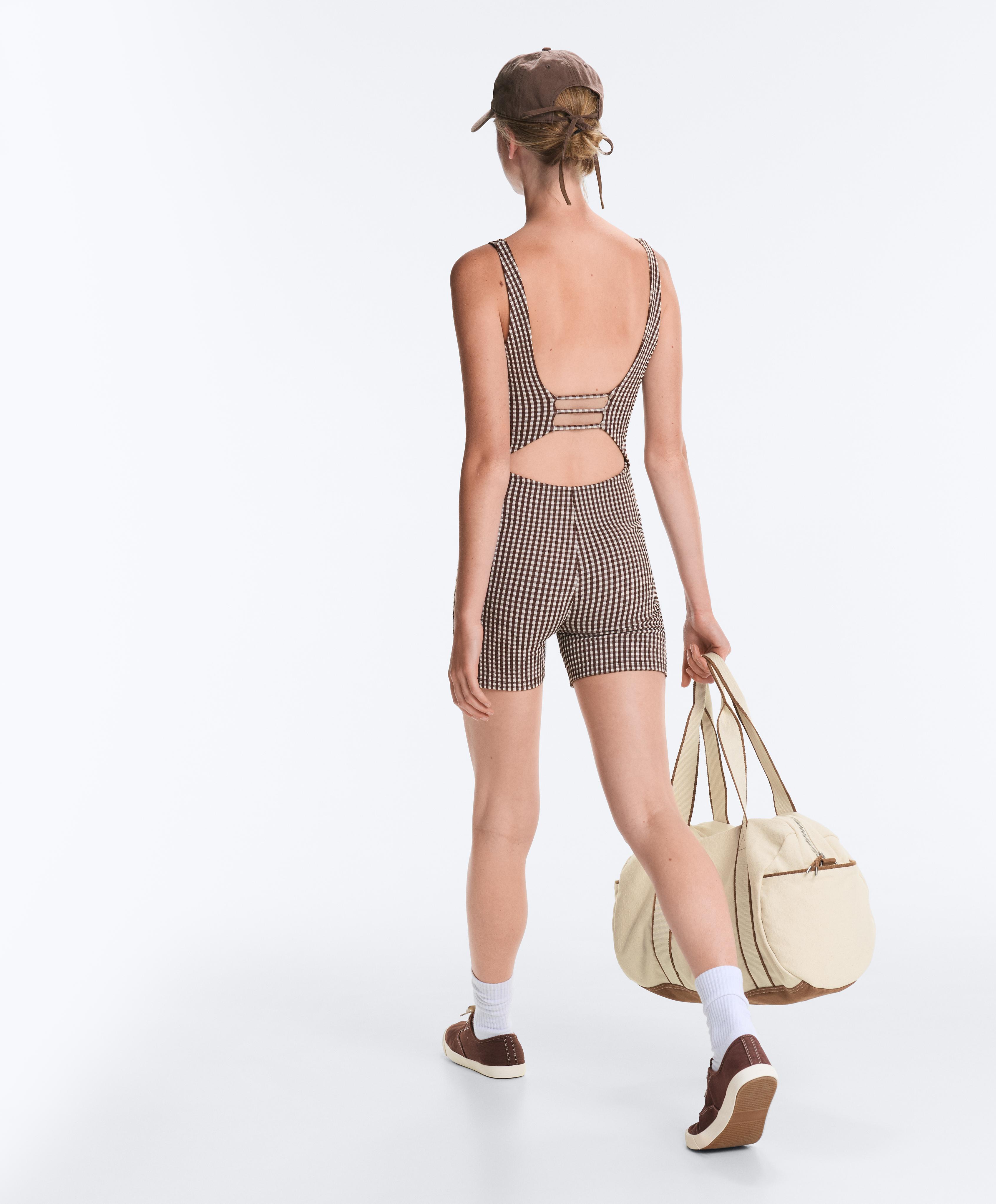 Comfortlux gingham short jumpsuit — DARK REDDISH‑BROWN