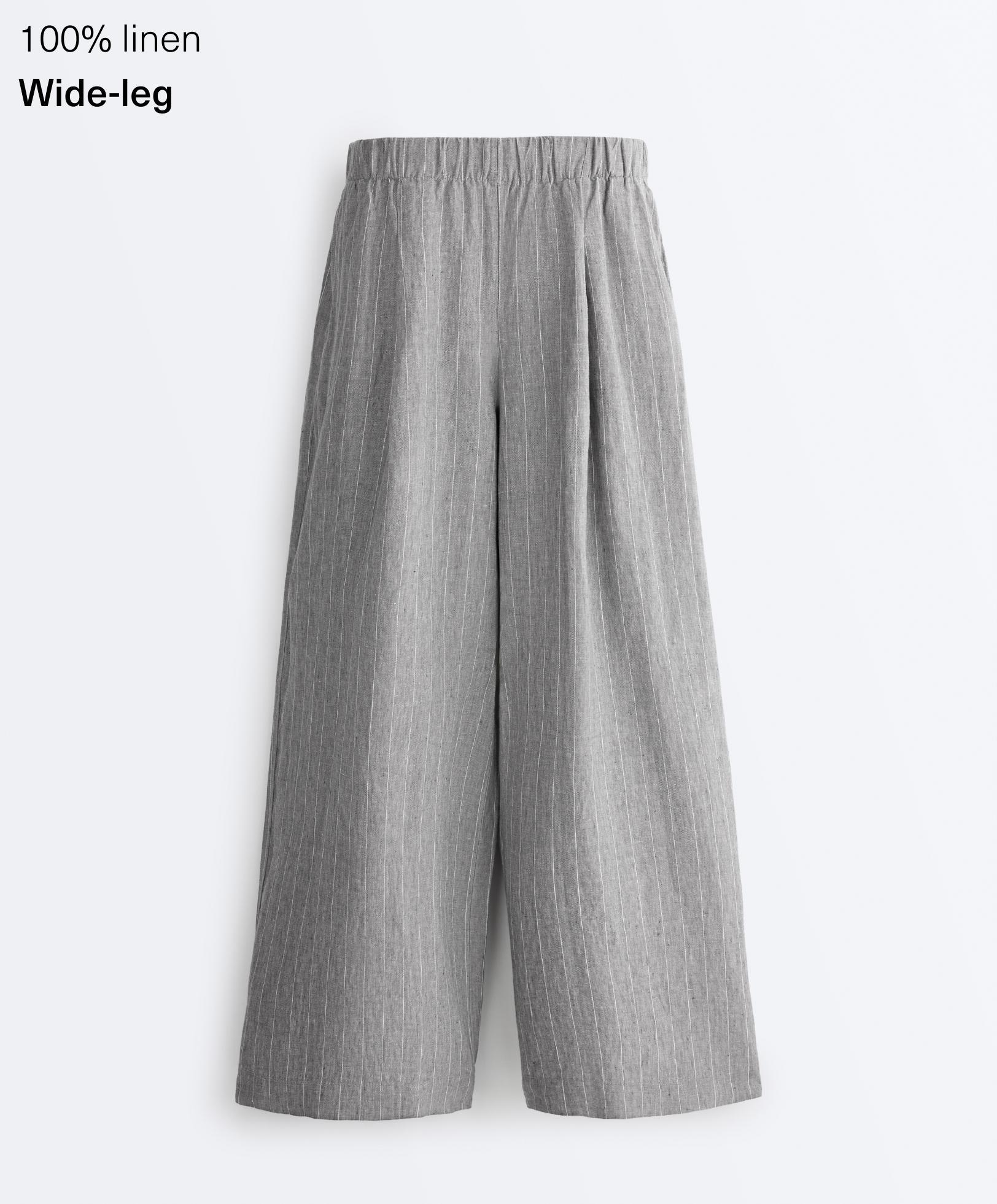 100% linen wide-leg striped trousers — MID GREY
