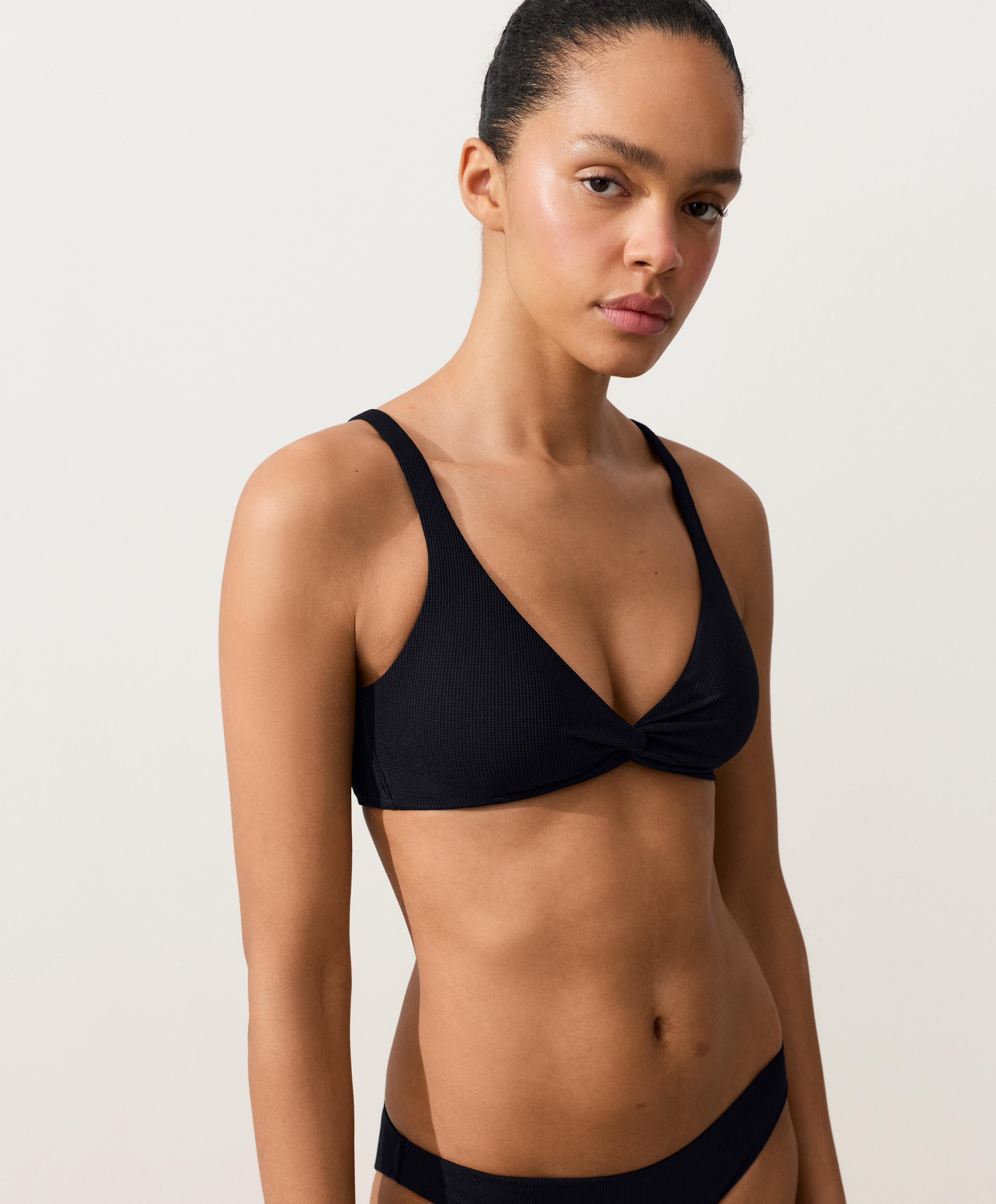 Piqué tie-back halter bikini top — BLACK