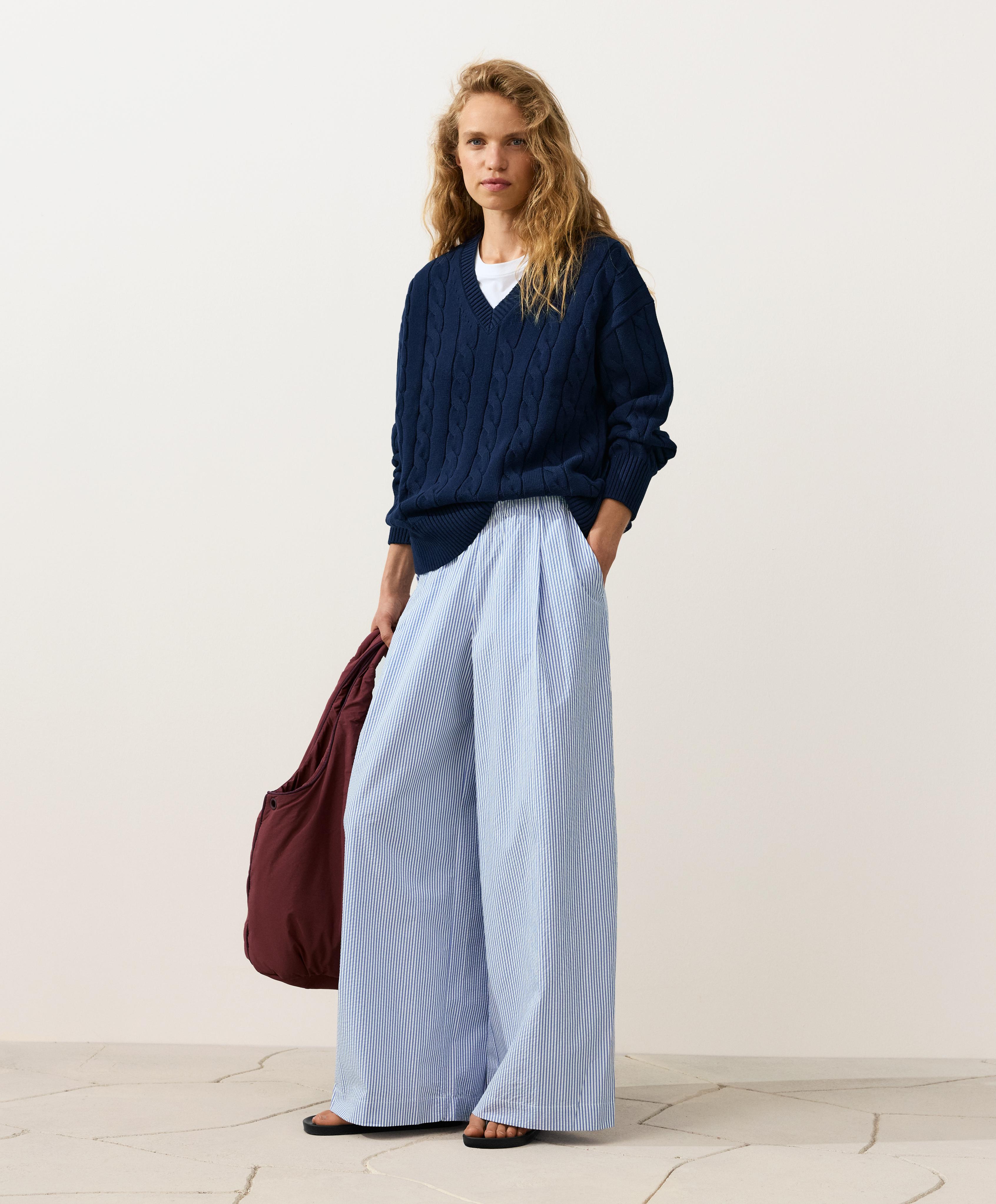 Wide-leg cotton blend striped trousers — PALE BLUE