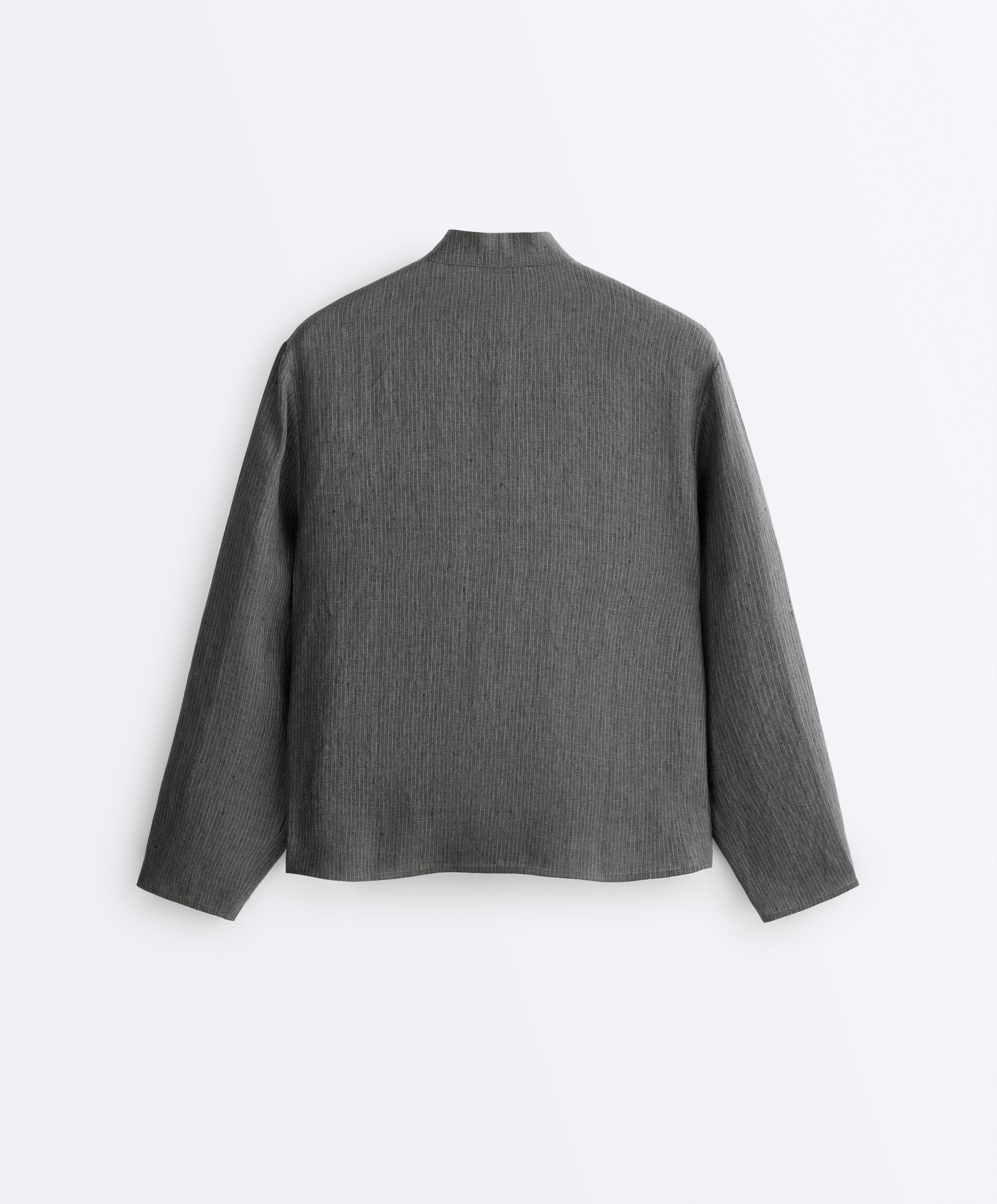 Striped 100% linen stand-up collar shirt — DARK ANTHRACITE