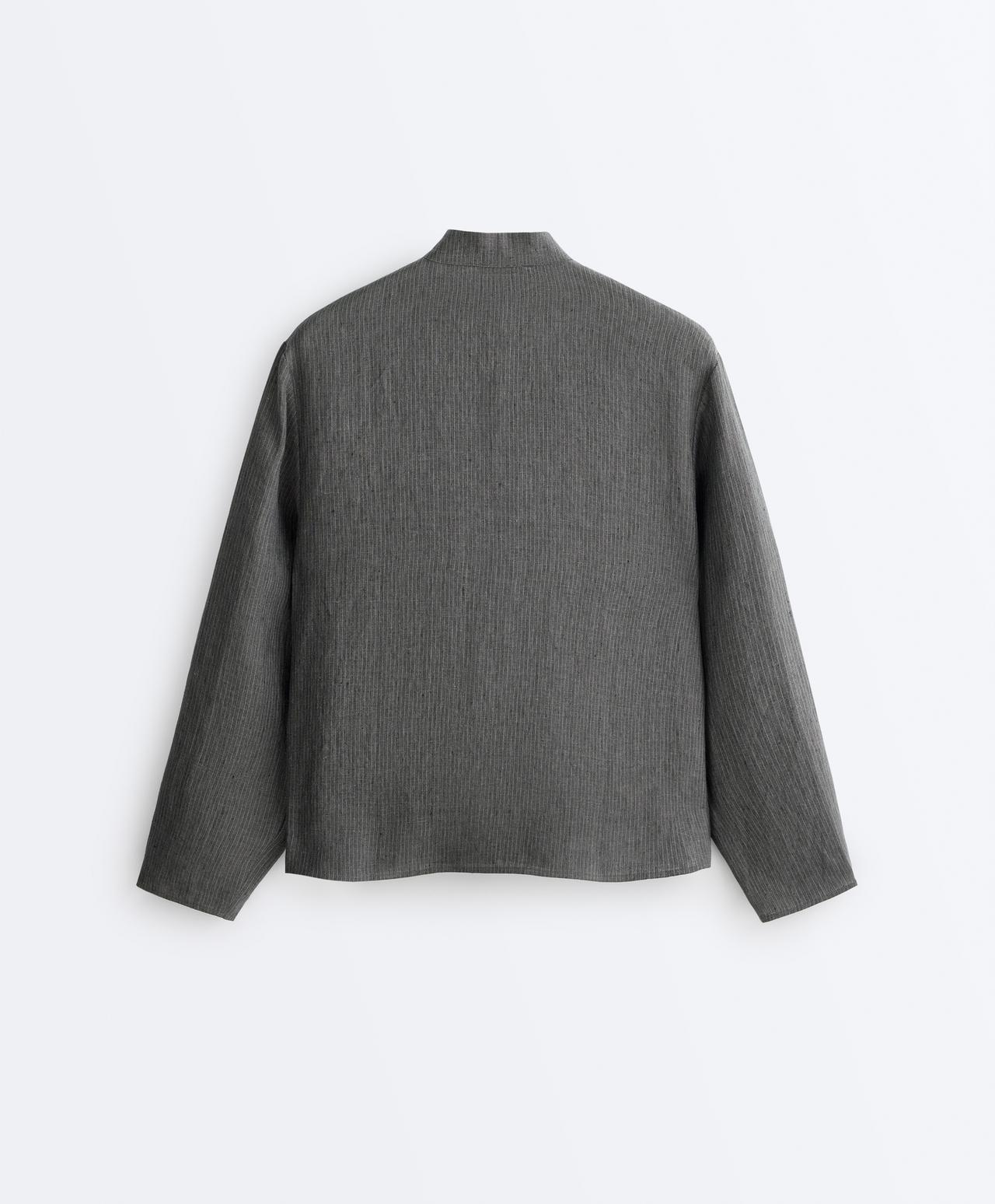 Striped 100% linen stand-up collar shirt — DARK ANTHRACITE