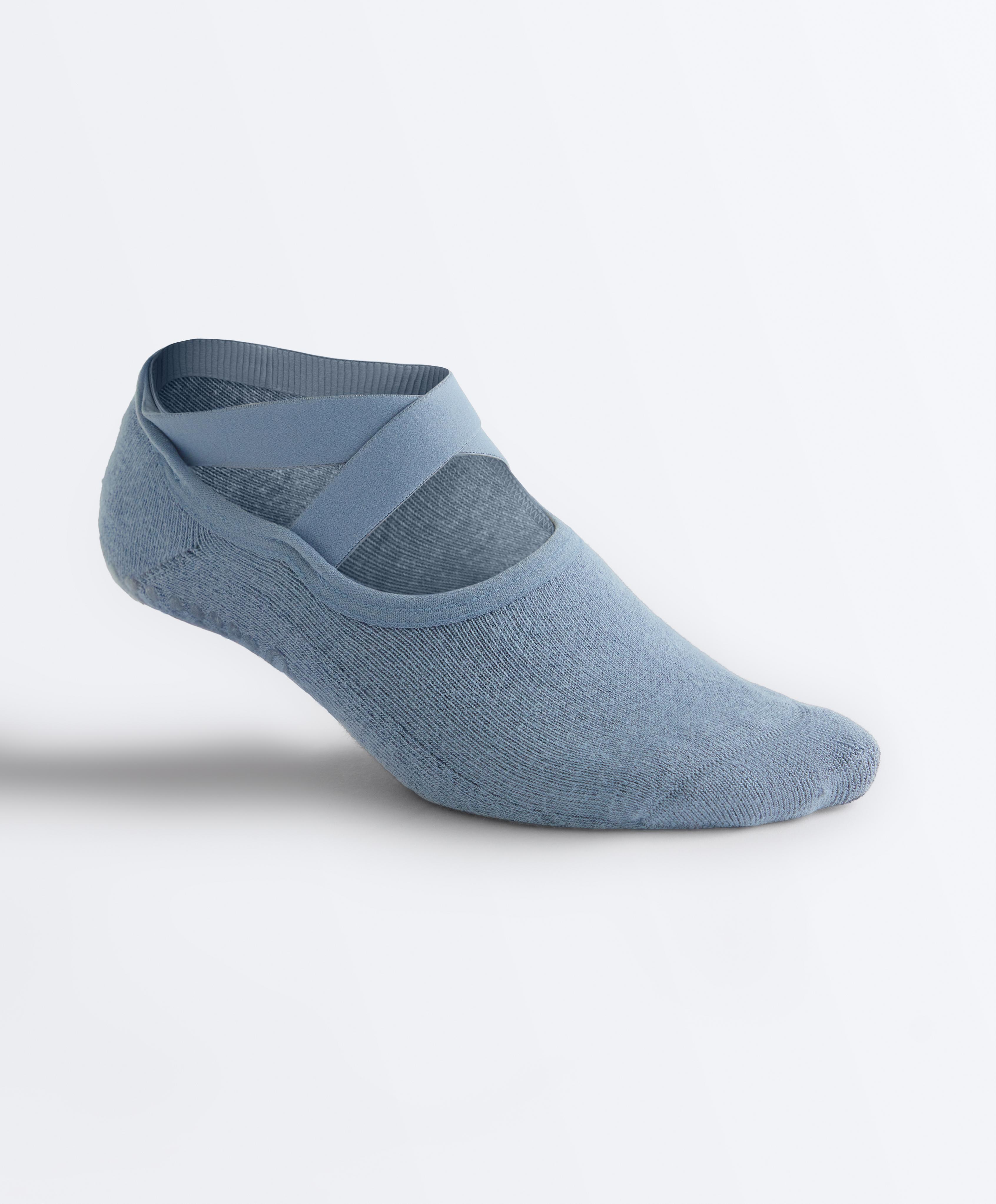 2 pairs of padded cotton blend yoga and Pilates socks with crossover straps — BLUE
