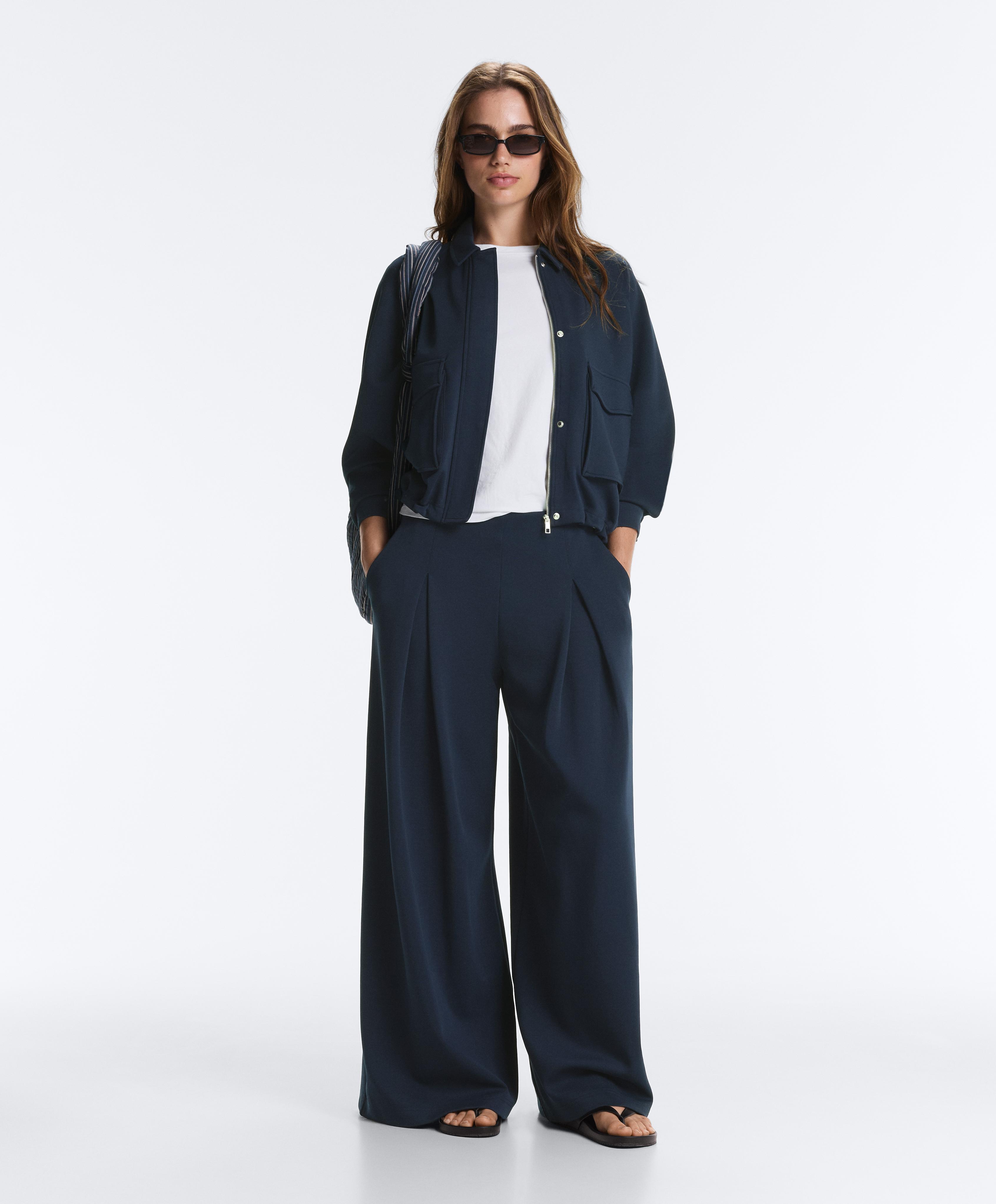 Wide-leg pique trousers with cotton — NAVY BLUE