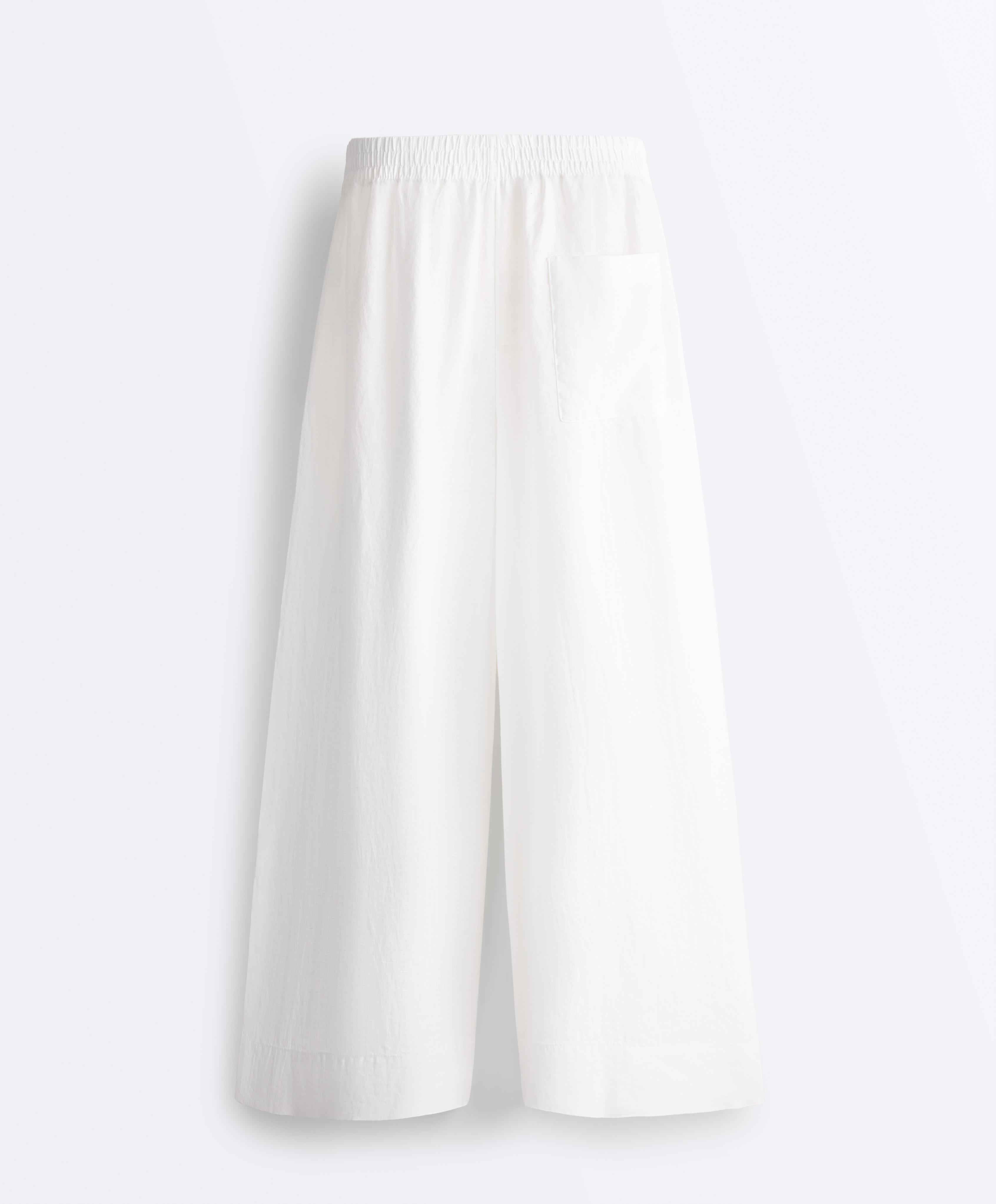 100% linen super wide-leg cropped trousers — WHITE