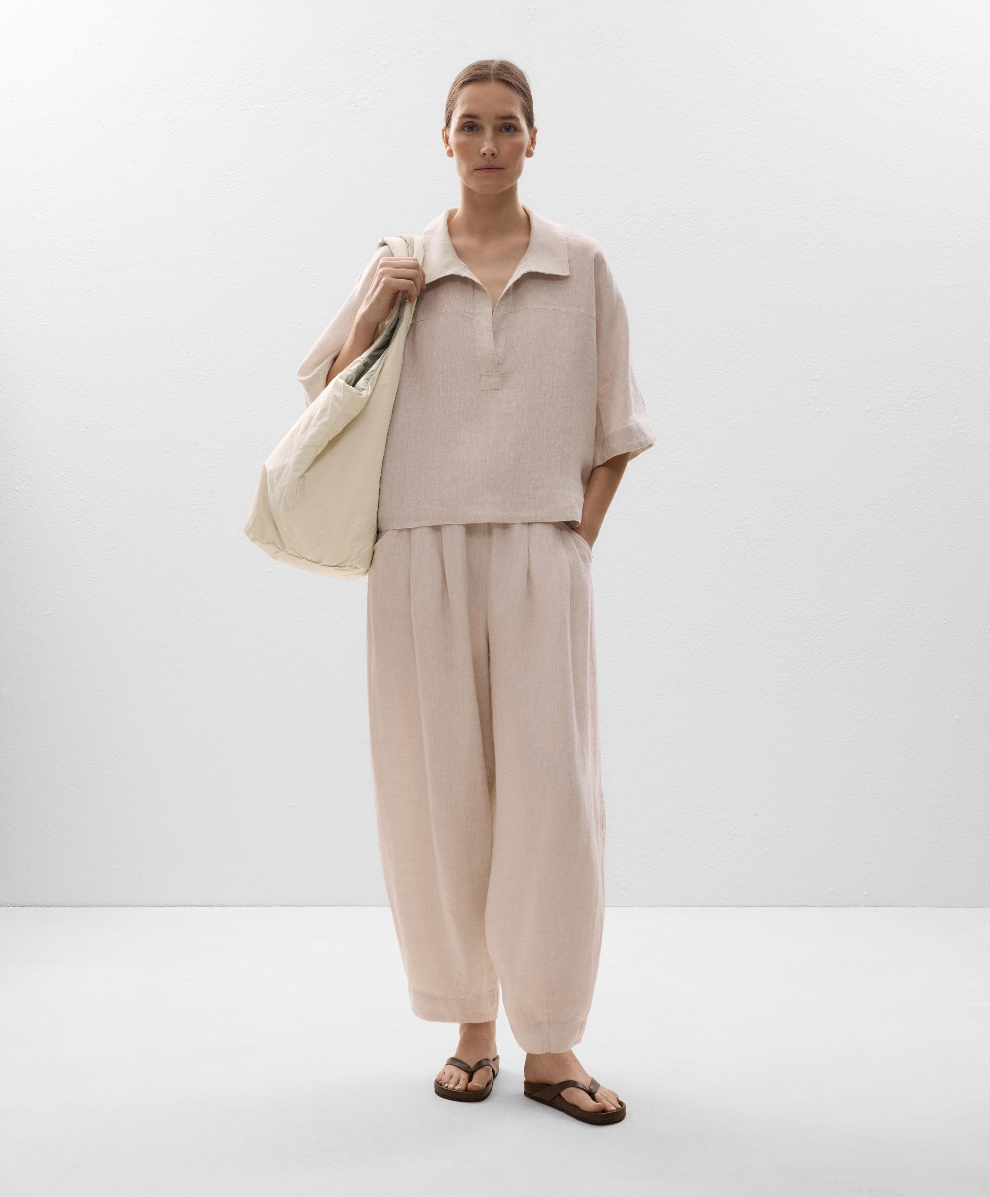 Oversize short-sleeved 100% linen shirt — SAND MELANGE
