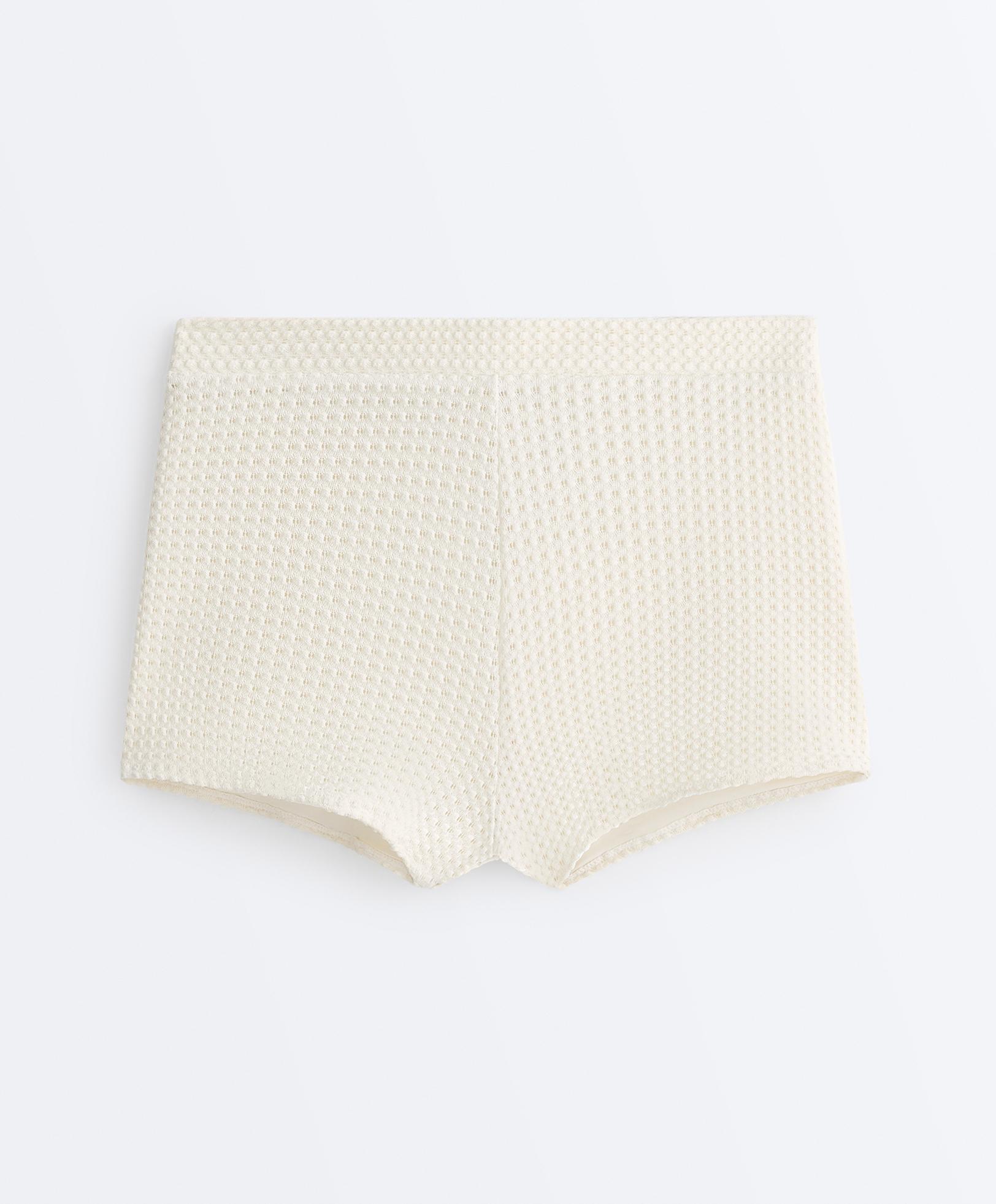 Bubble-texture crochet high-waisted bikini shorts — ECRU