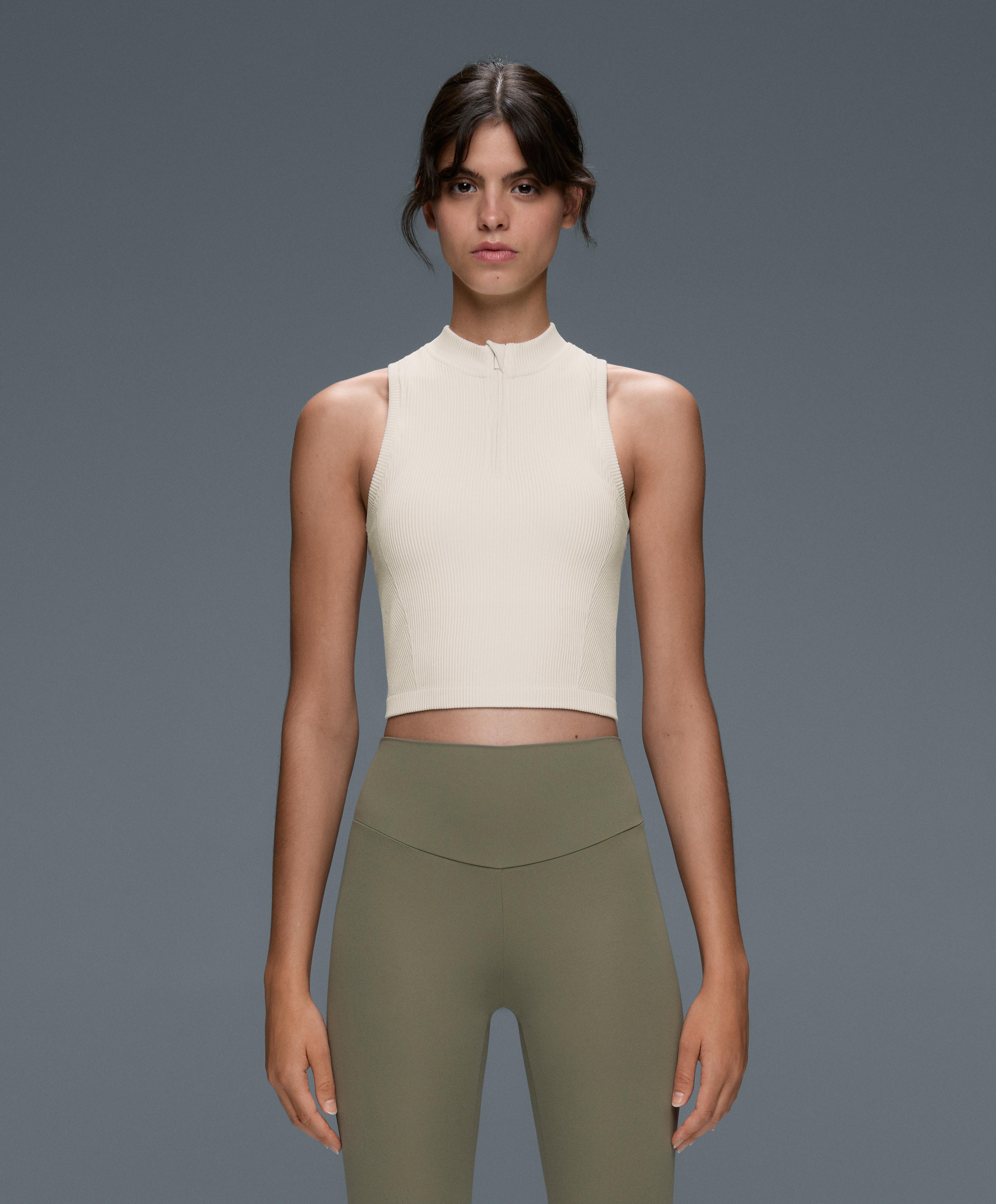 Sleeveless seamless rib tank top with half-zip — PALE ECRU