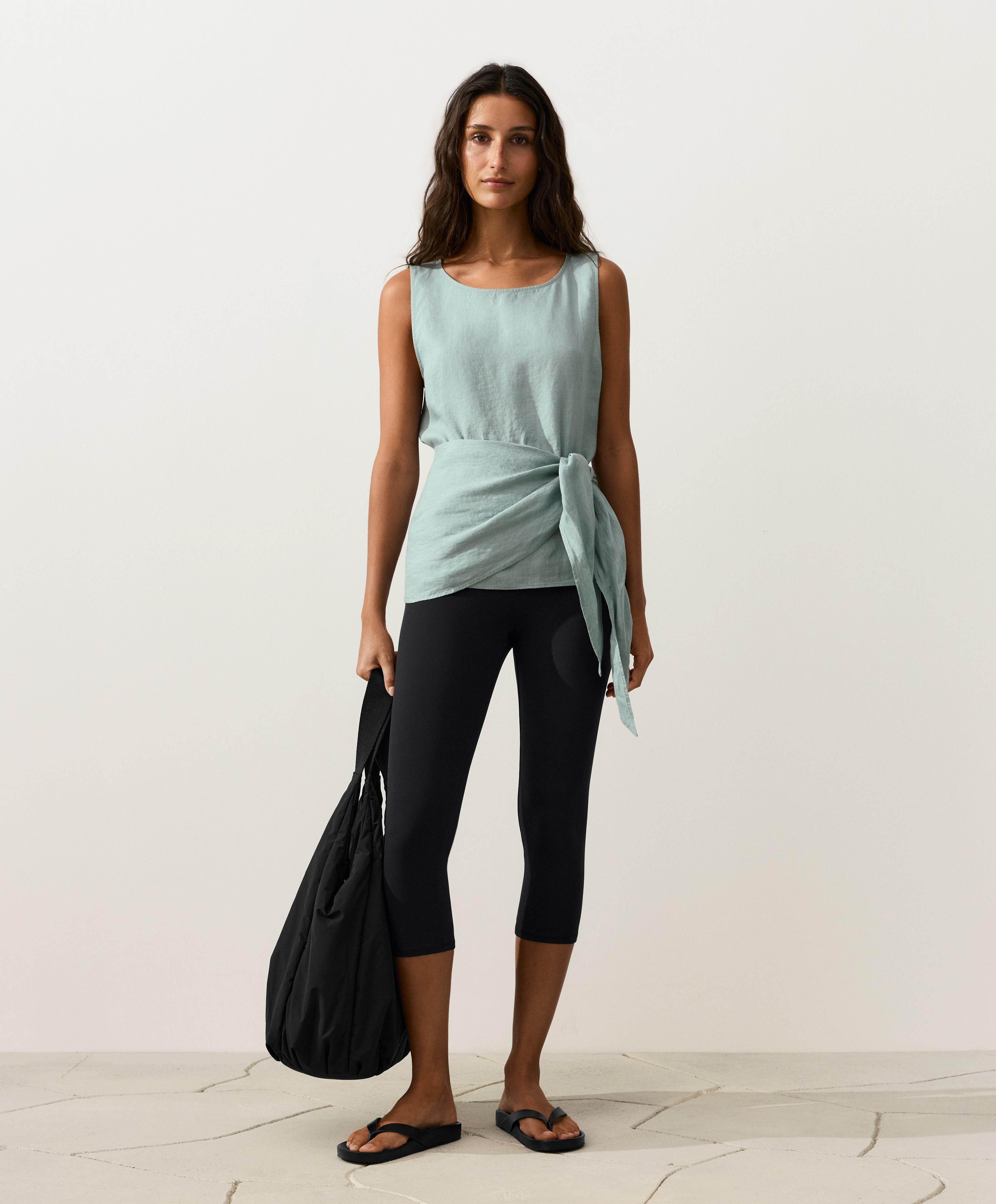 Sleeveless top with 100% linen scarf — AQUAMARINE