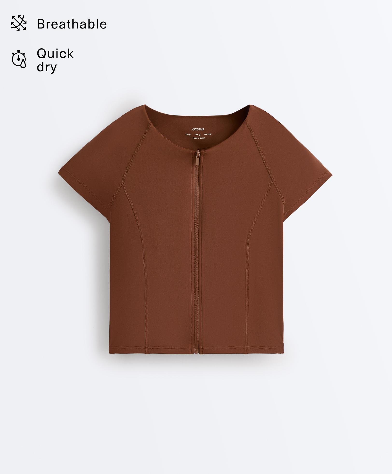 Short-sleeved zip T-shirt — COFFEE