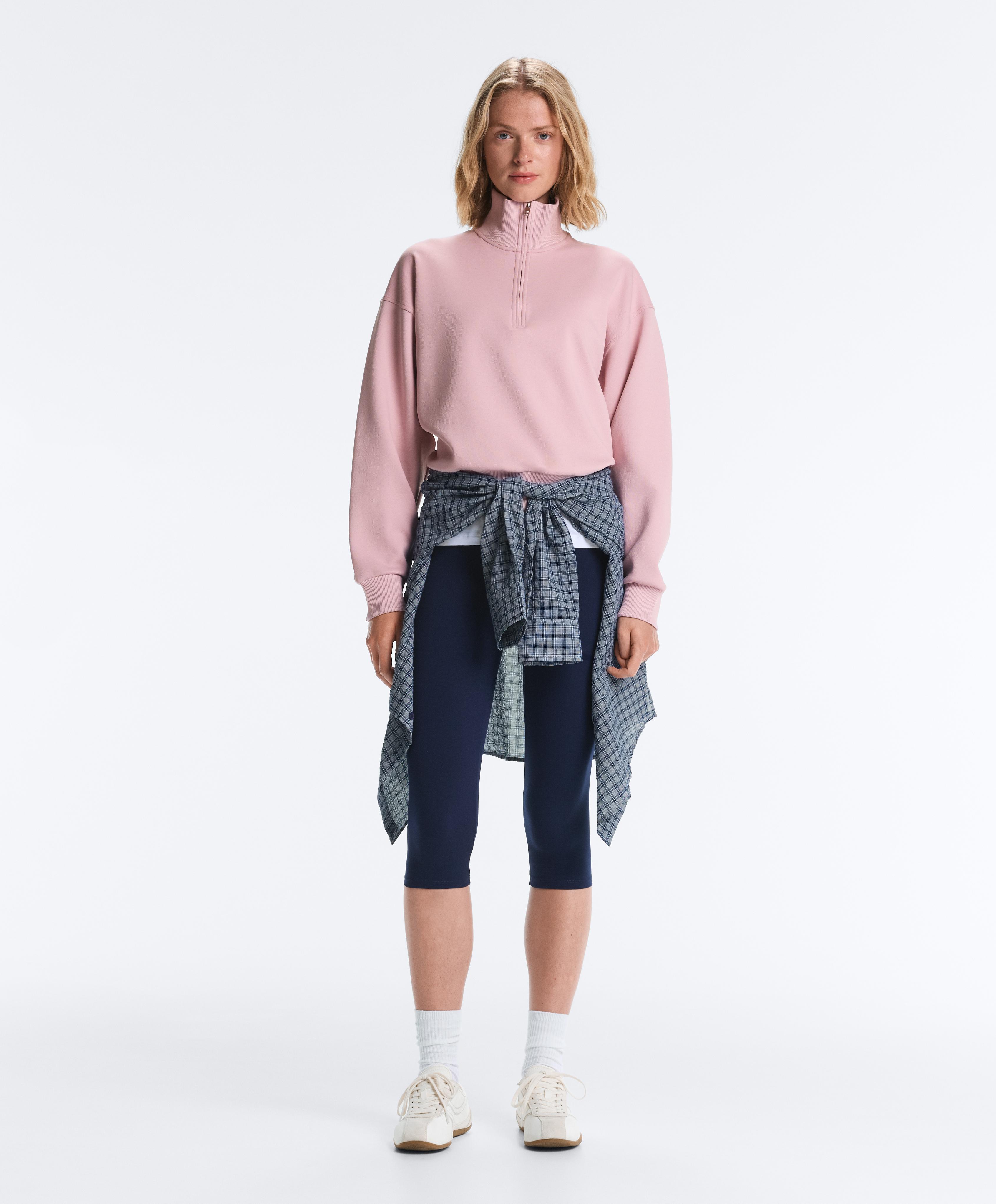 Pique high-neck zip sweatshirt with cotton — PALE PINK