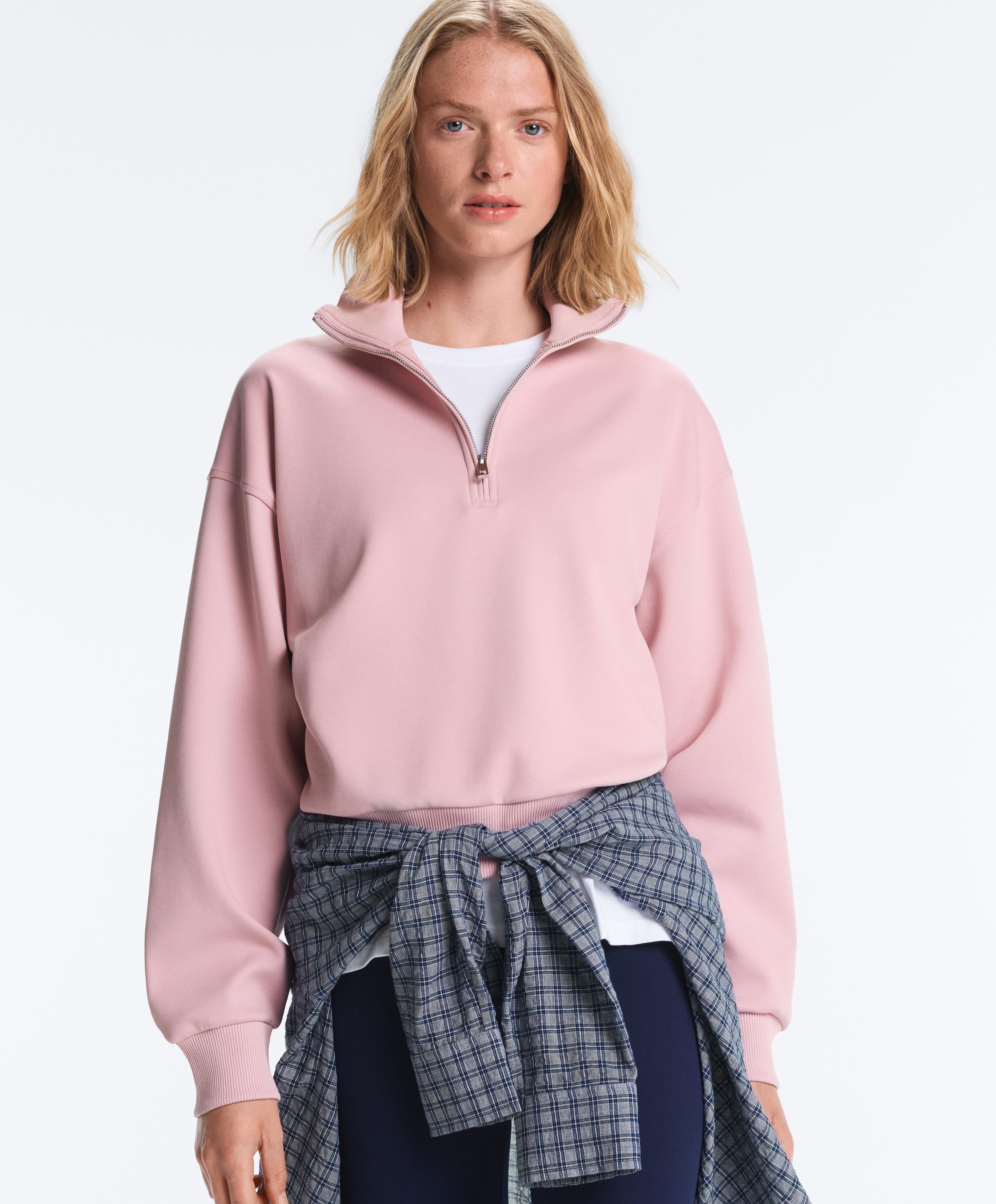 Pique high-neck zip sweatshirt with cotton — PALE PINK