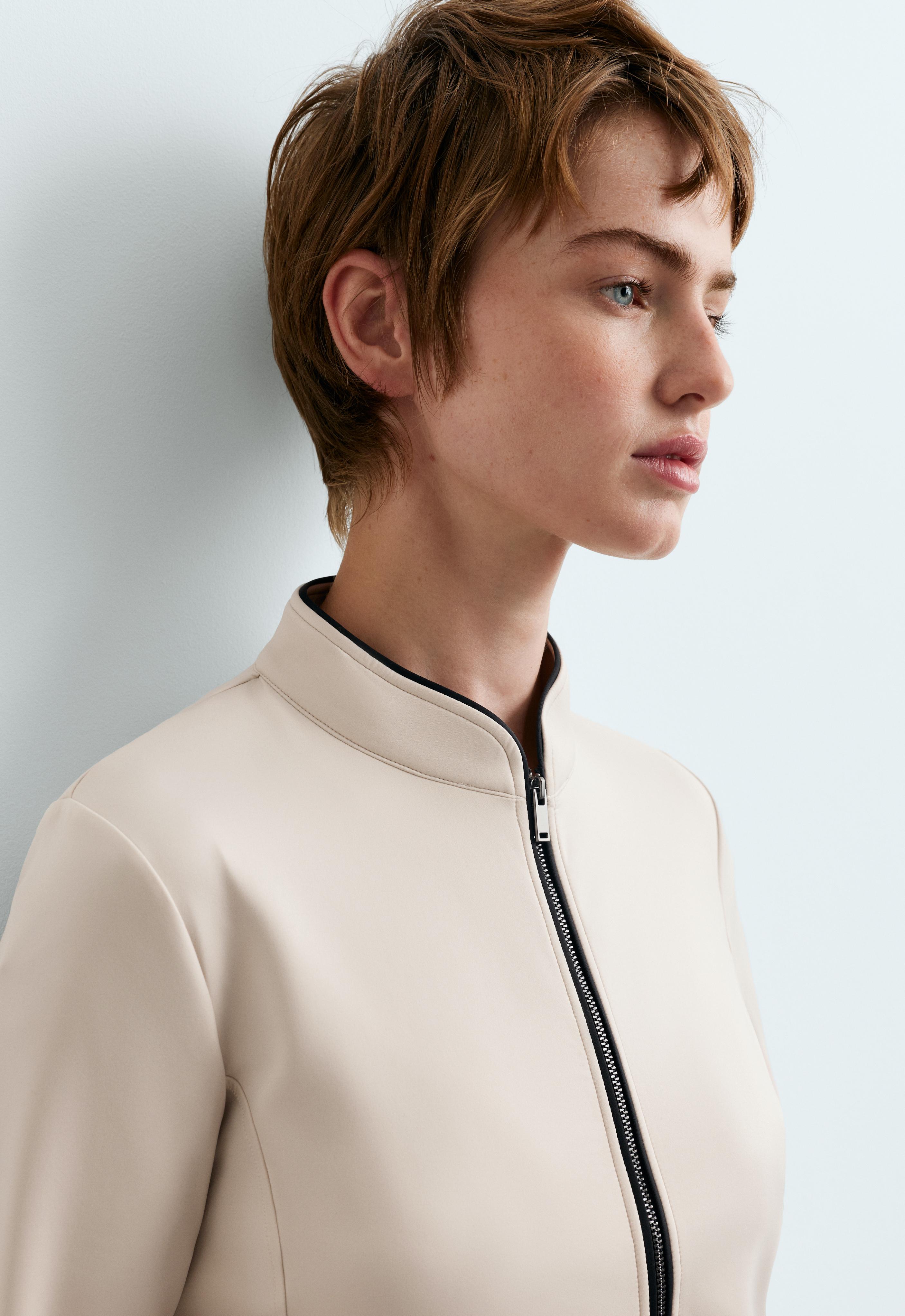 Neoprene-effect jacket with mandarin collar and piping — OATMEAL