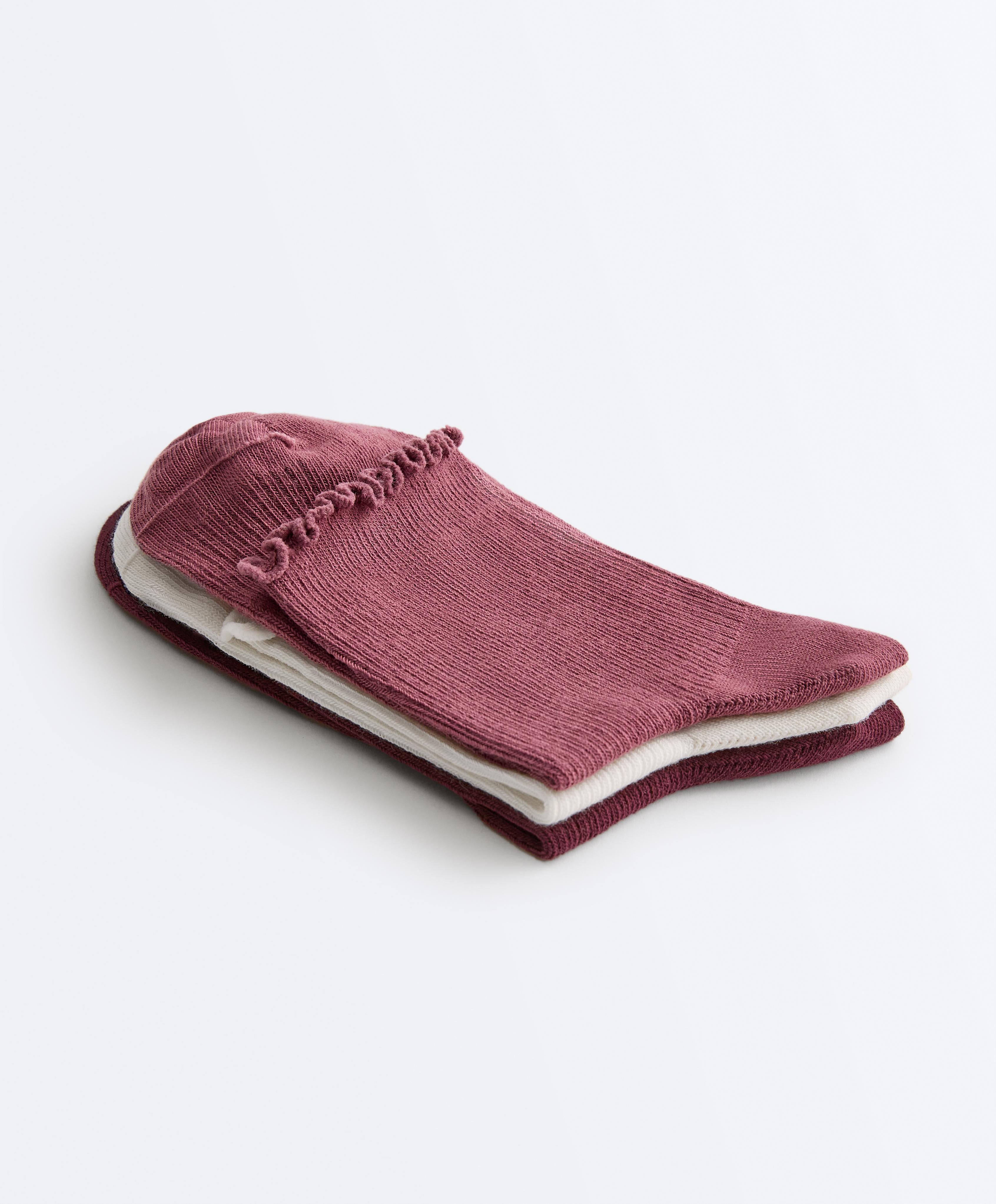 3 pairs of cotton blend quarter socks with curled edge — PLUM