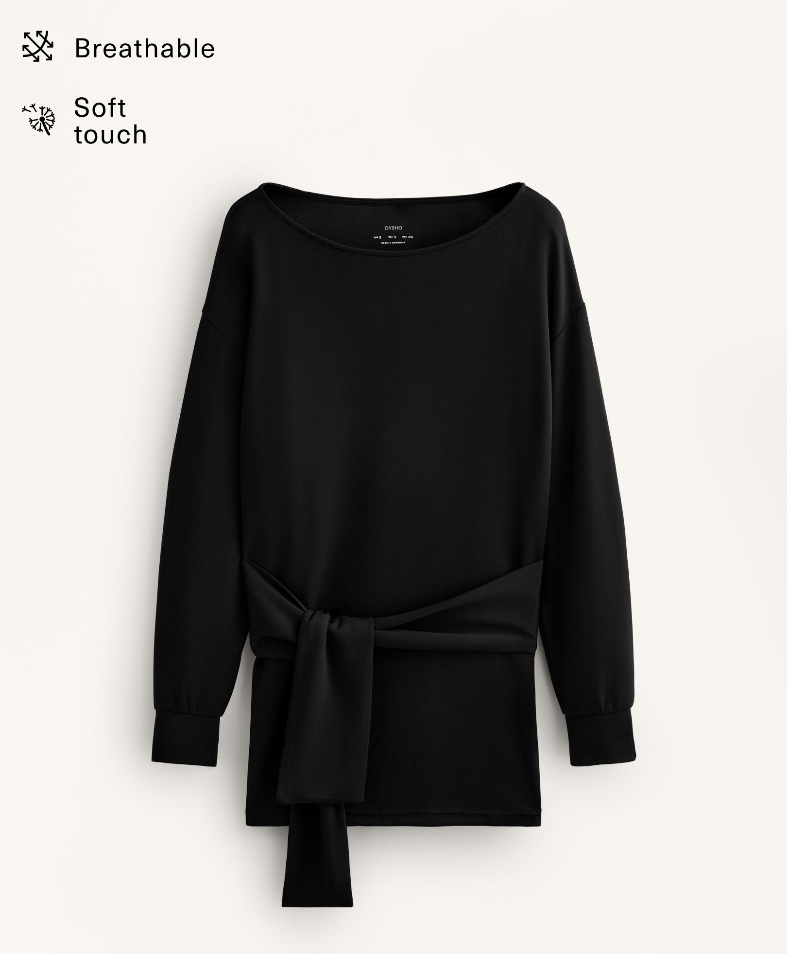 Long soft-touch modal sweatshirt with knot detail — BLACK