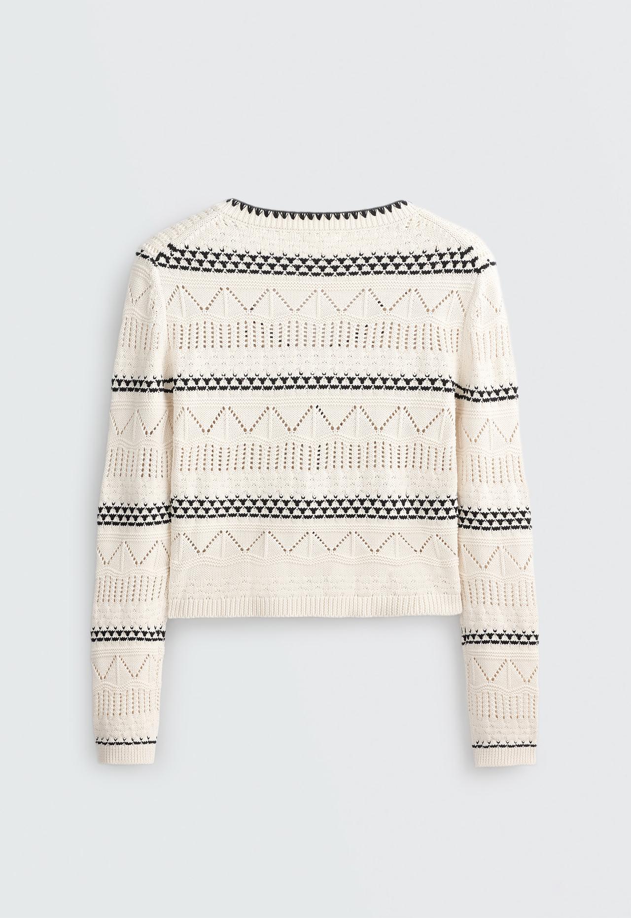 100% cotton contrast open-knit cardigan — PALE ECRU