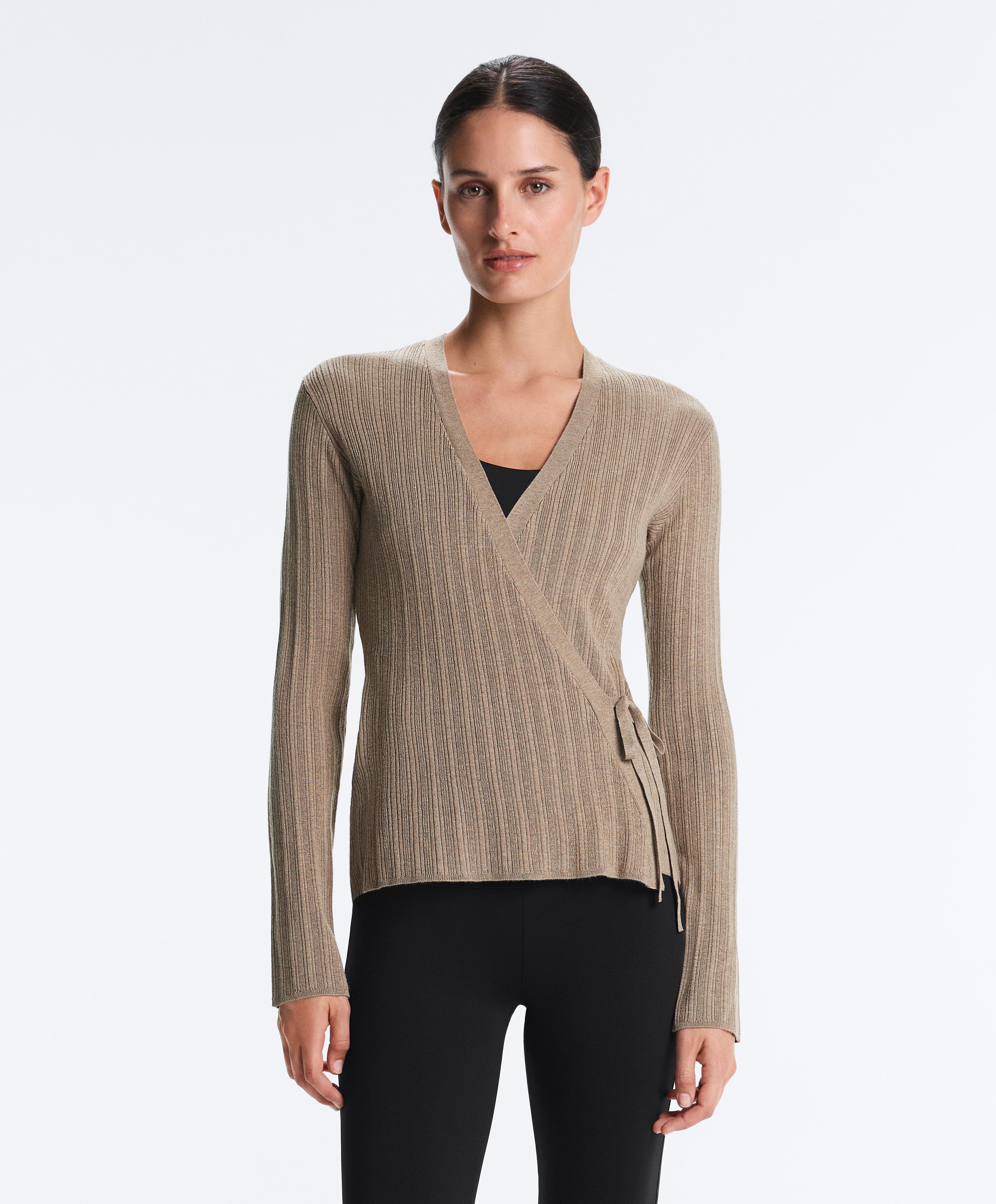 Rib knit jacket with side tie fastening — DARK TAUPE