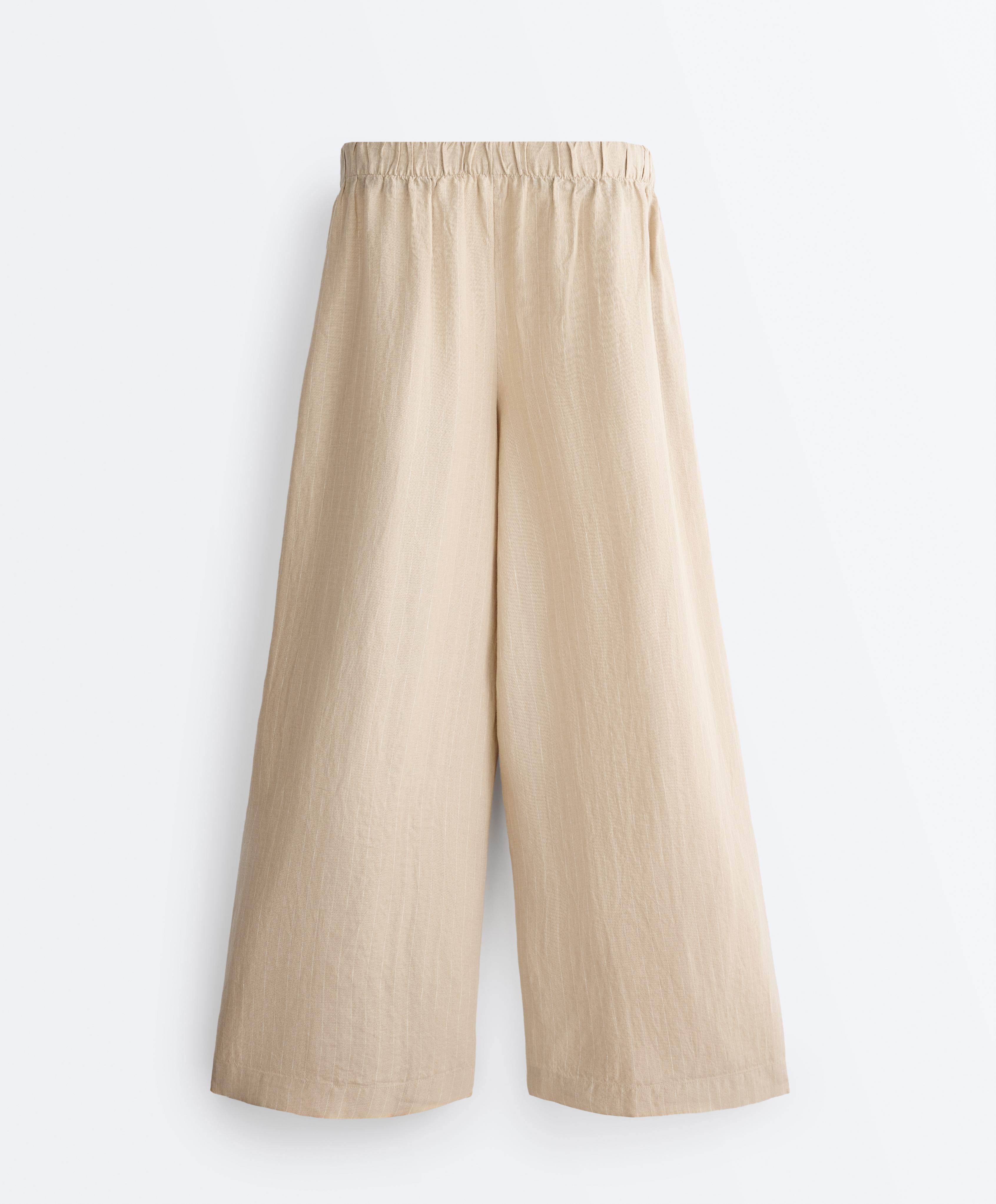 100% linen wide-leg striped trousers — SANDY