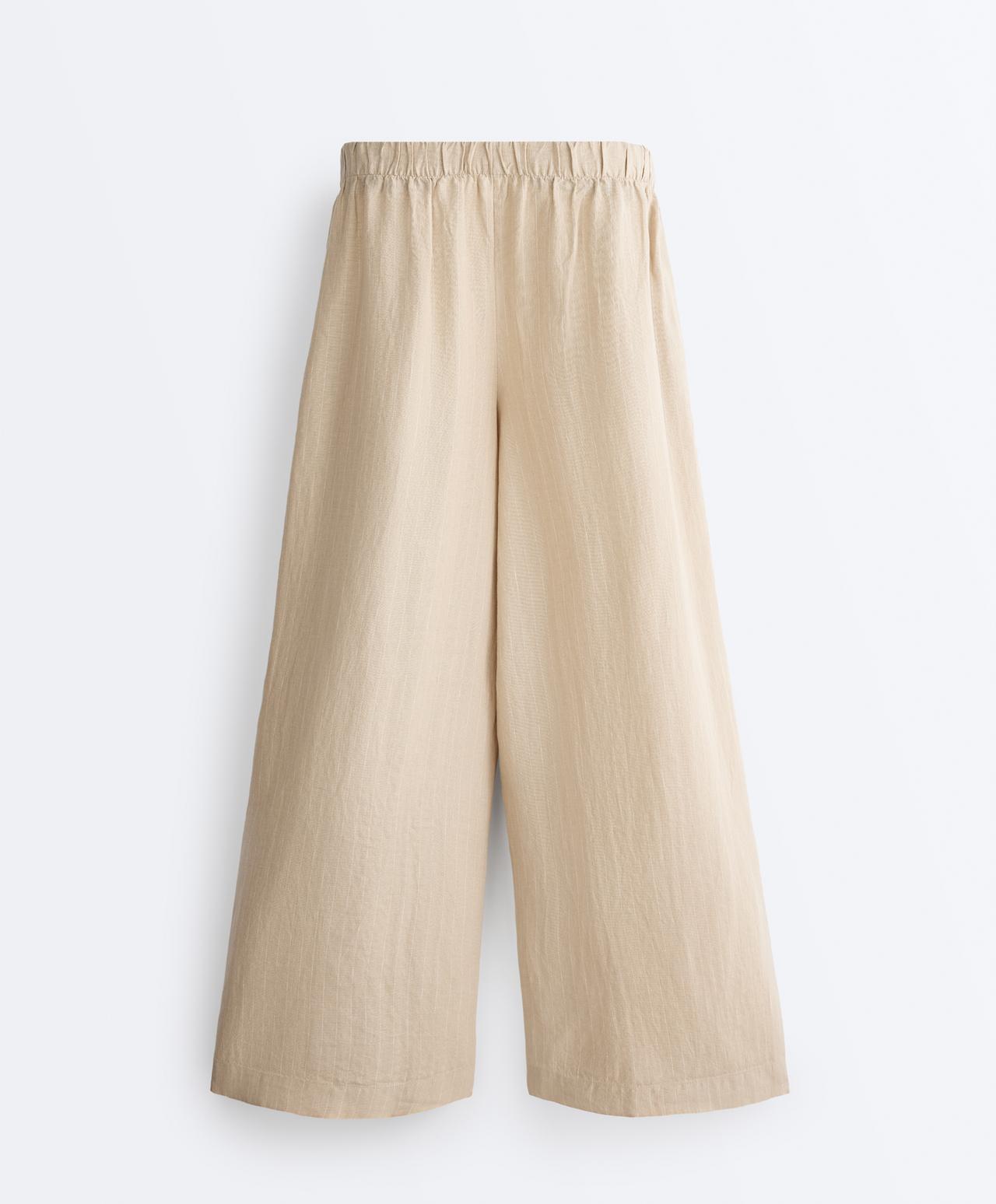 100% linen wide-leg striped trousers — SANDY