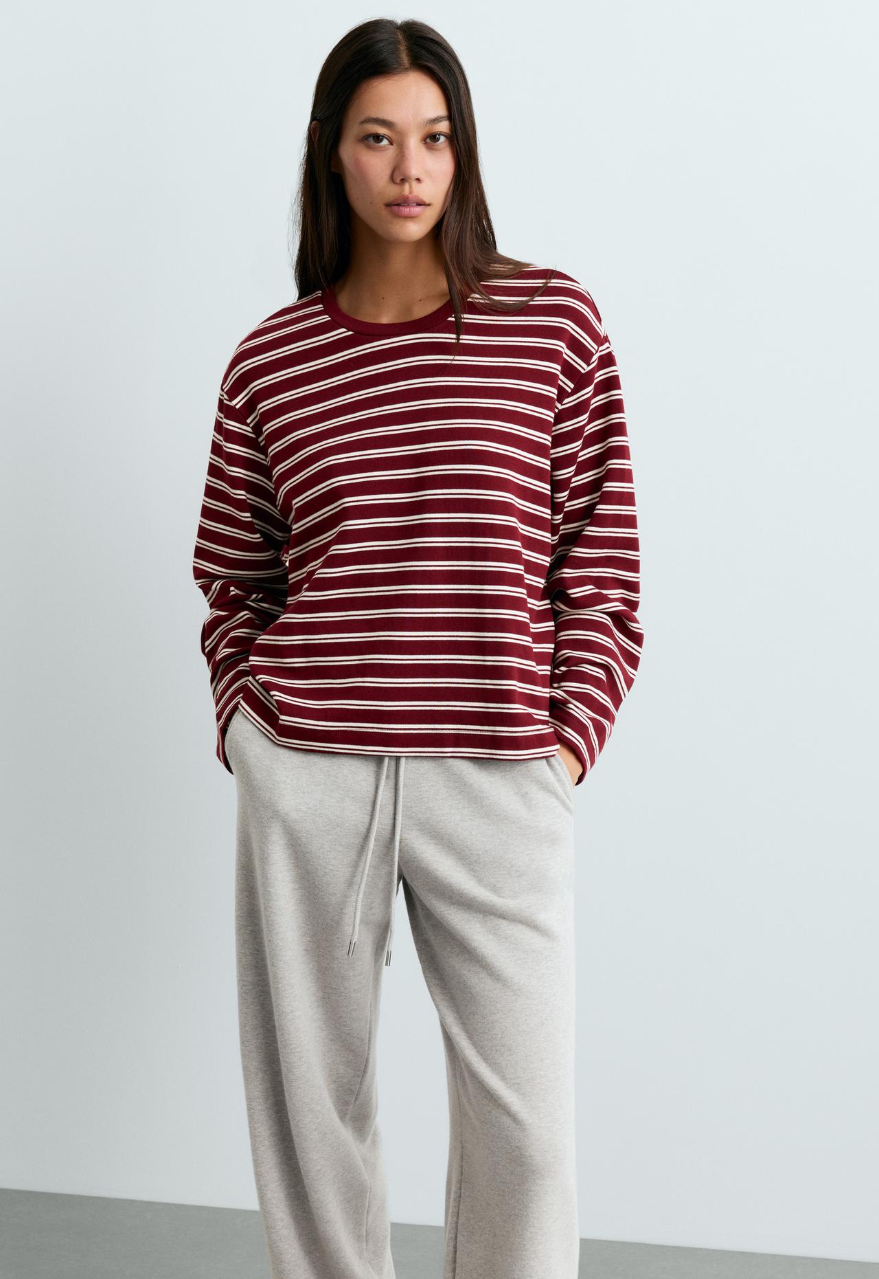Long sleeve Relaxed striped T-shirt — BURGUNDY