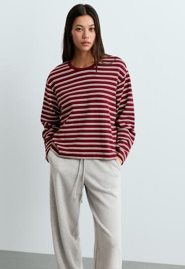 Long sleeve Relaxed striped T-shirt — BURGUNDY 2