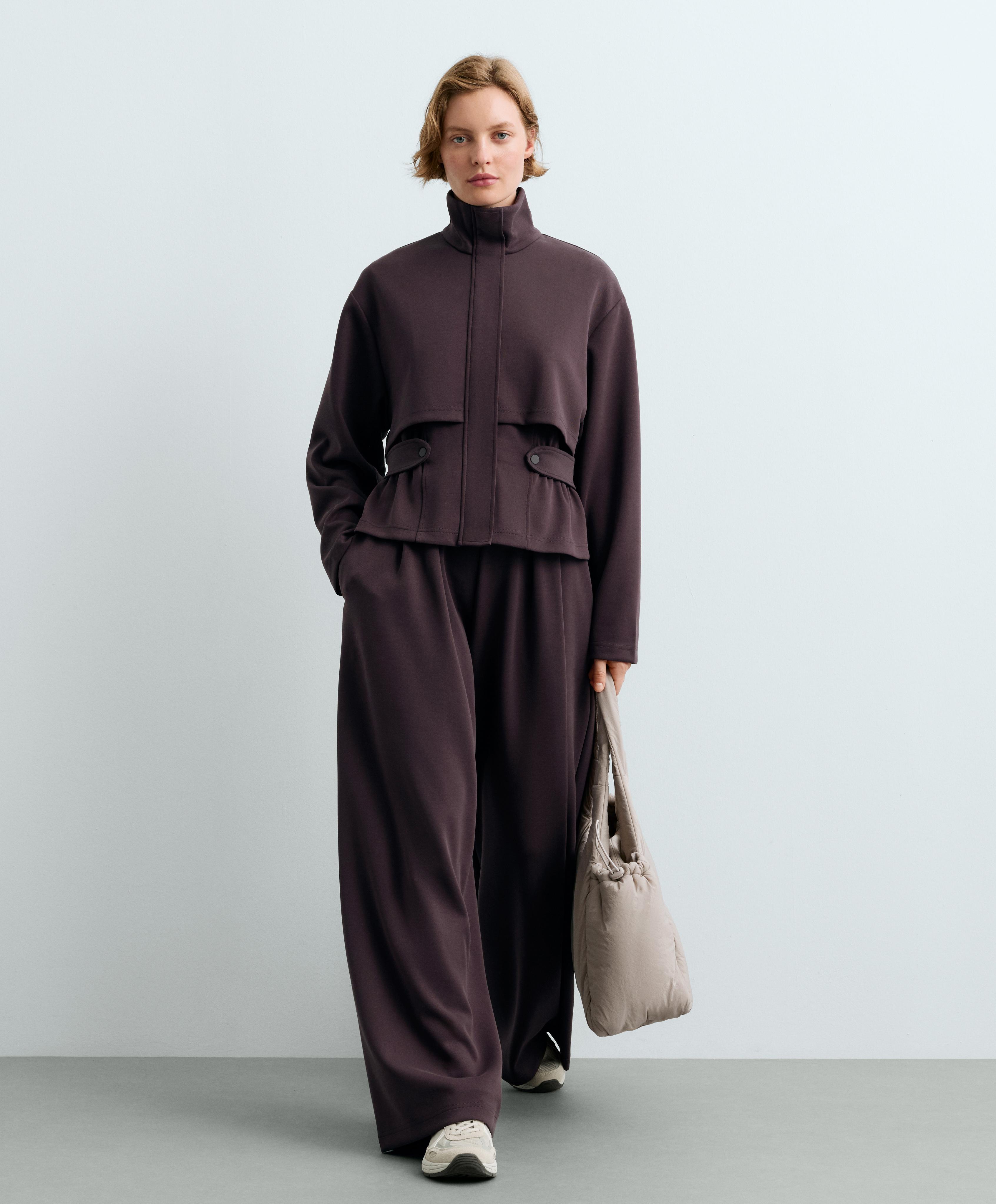 Wide-leg piqué trousers with modal — Purplish brown