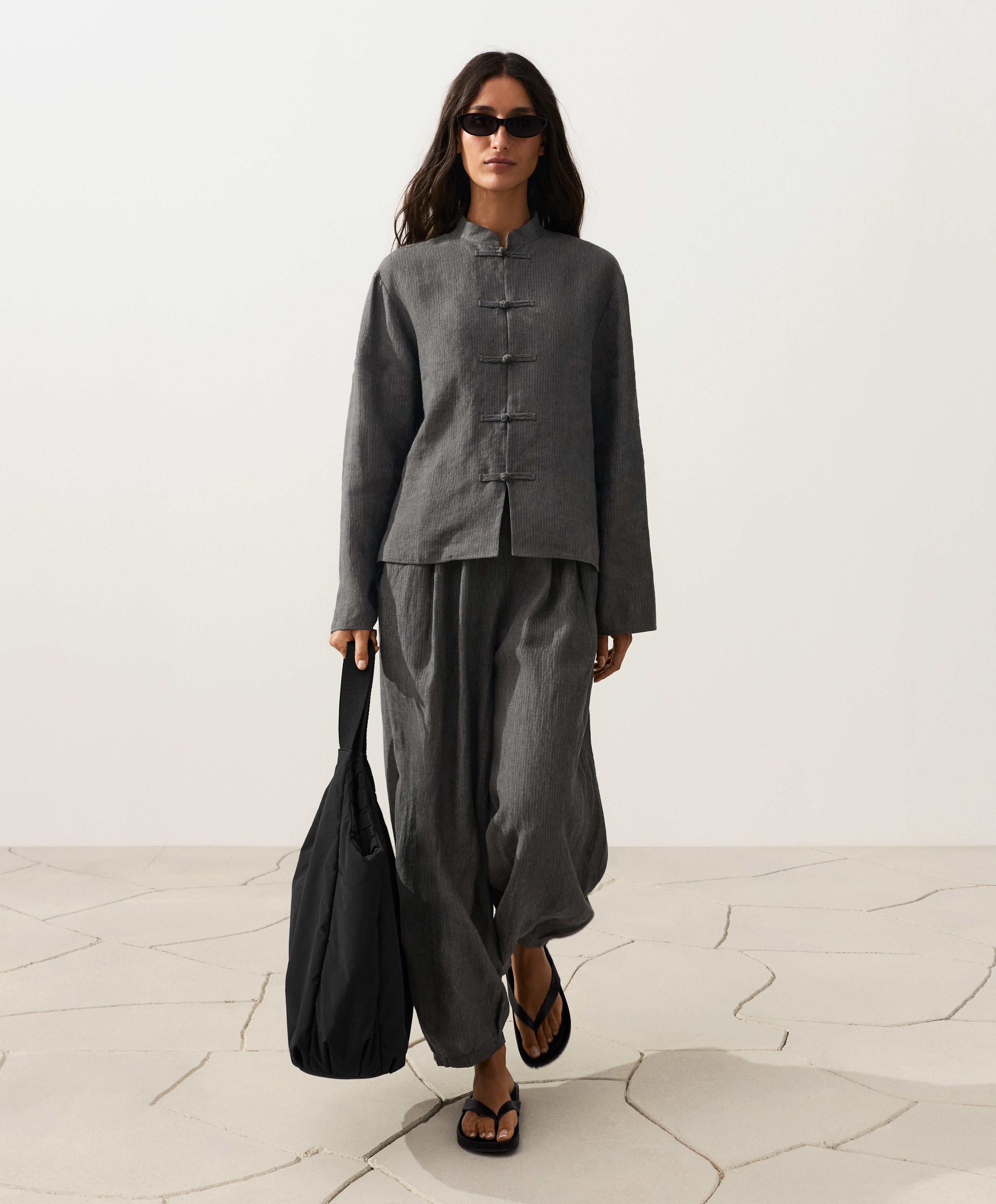 Striped 100% linen stand-up collar shirt — DARK ANTHRACITE