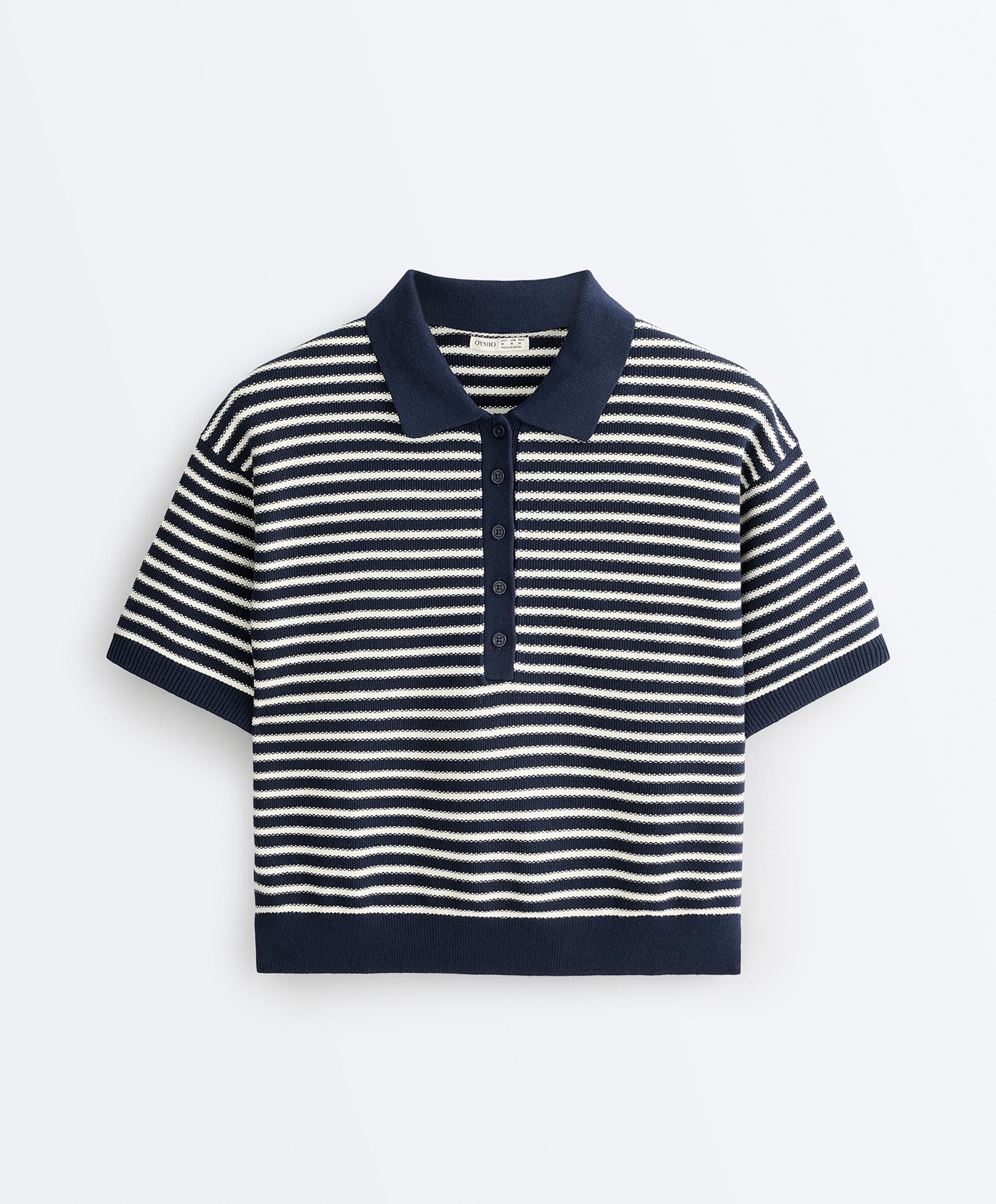 100% cotton striped knit polo shirt — NAVY BLUE