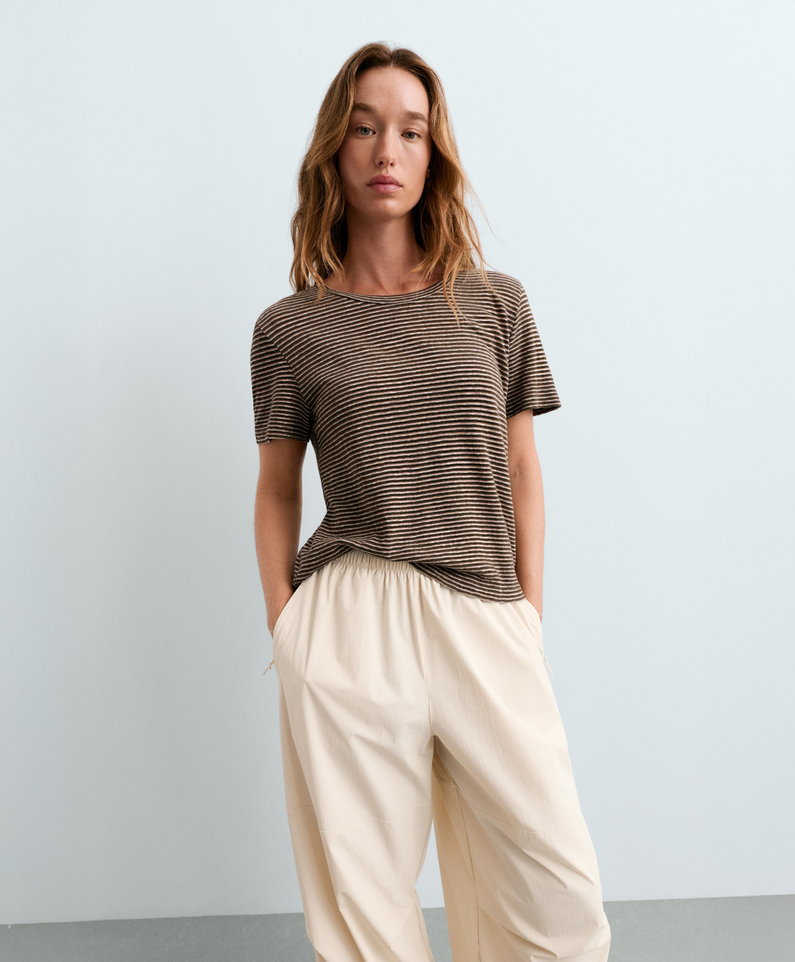 Slim-fit striped cotton and linen T-shirt — CHOCOLATE