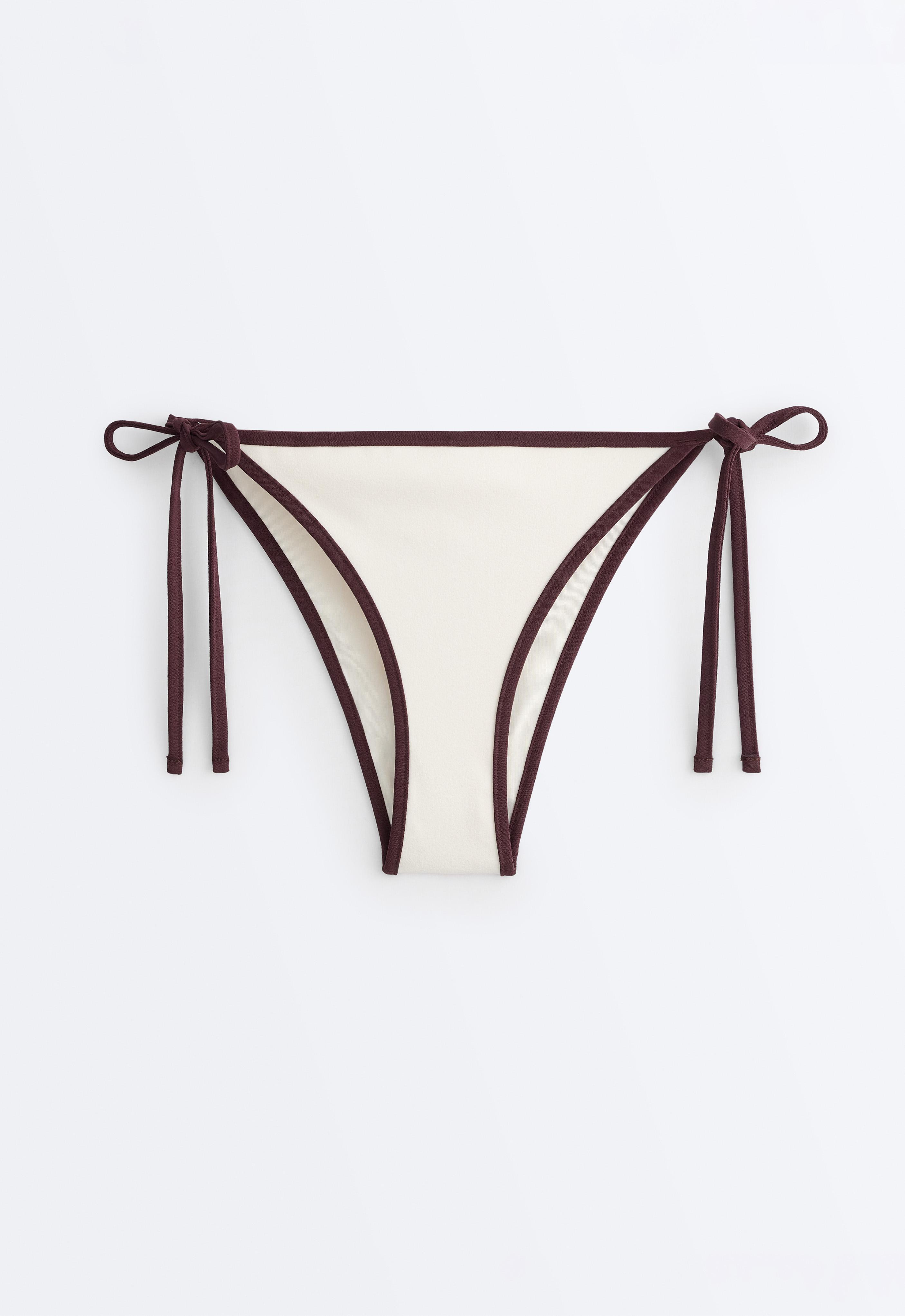 Contrast-trim tie medium-coverage bikini briefs — PALE ECRU