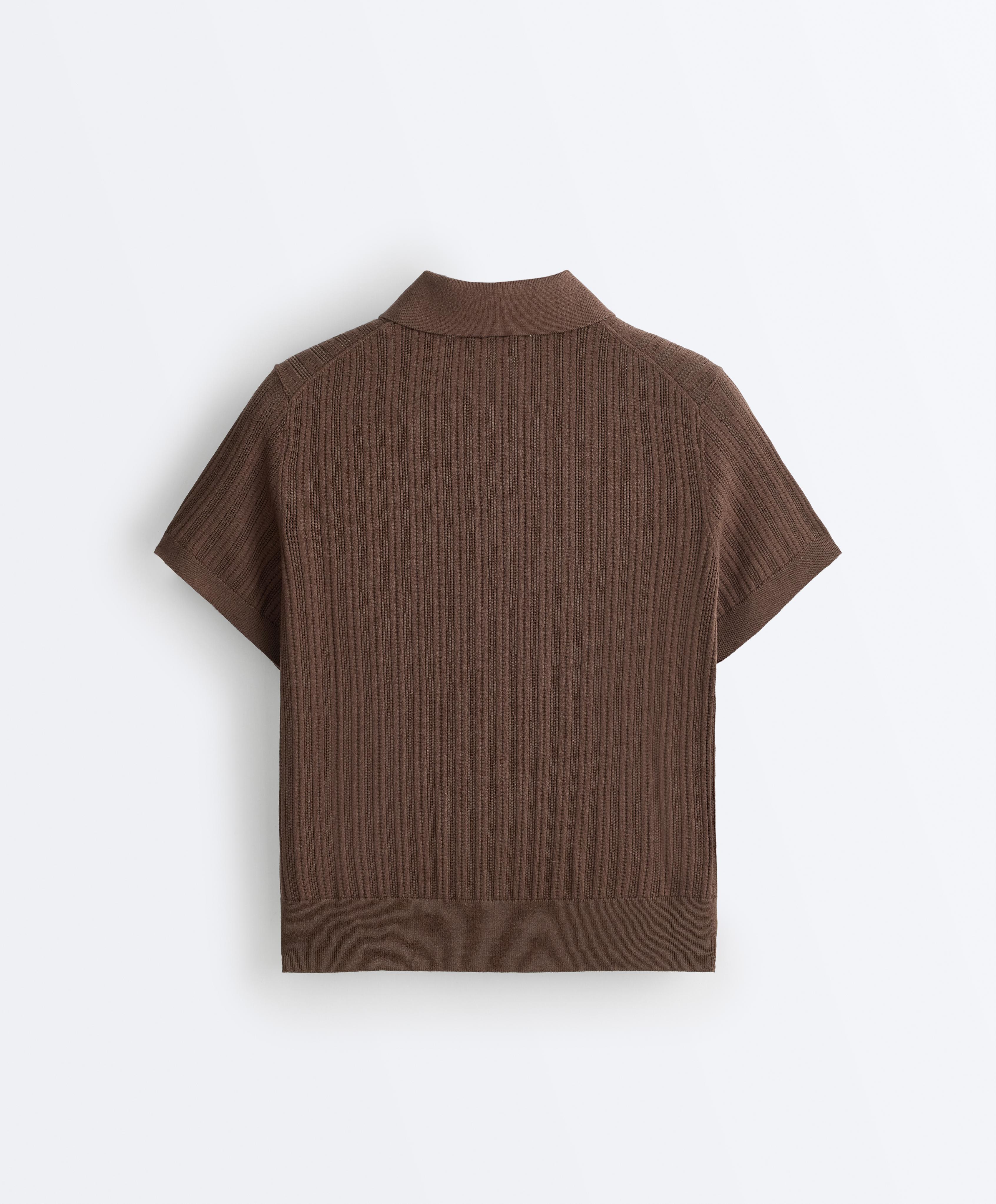 Short sleeve open knit polo shirt — MID-BROWN
