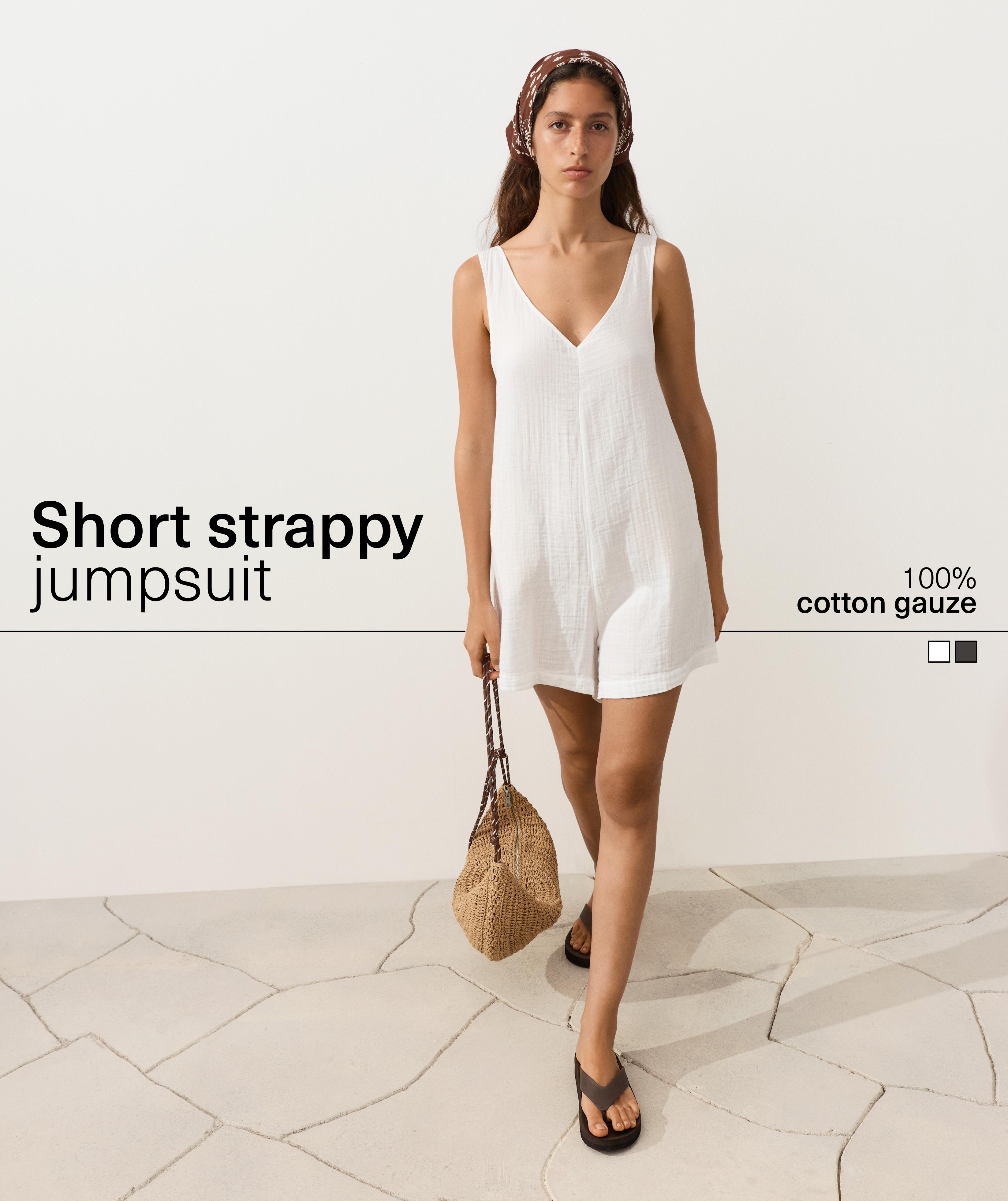 100% cotton gauze short jumpsuit — WHITE