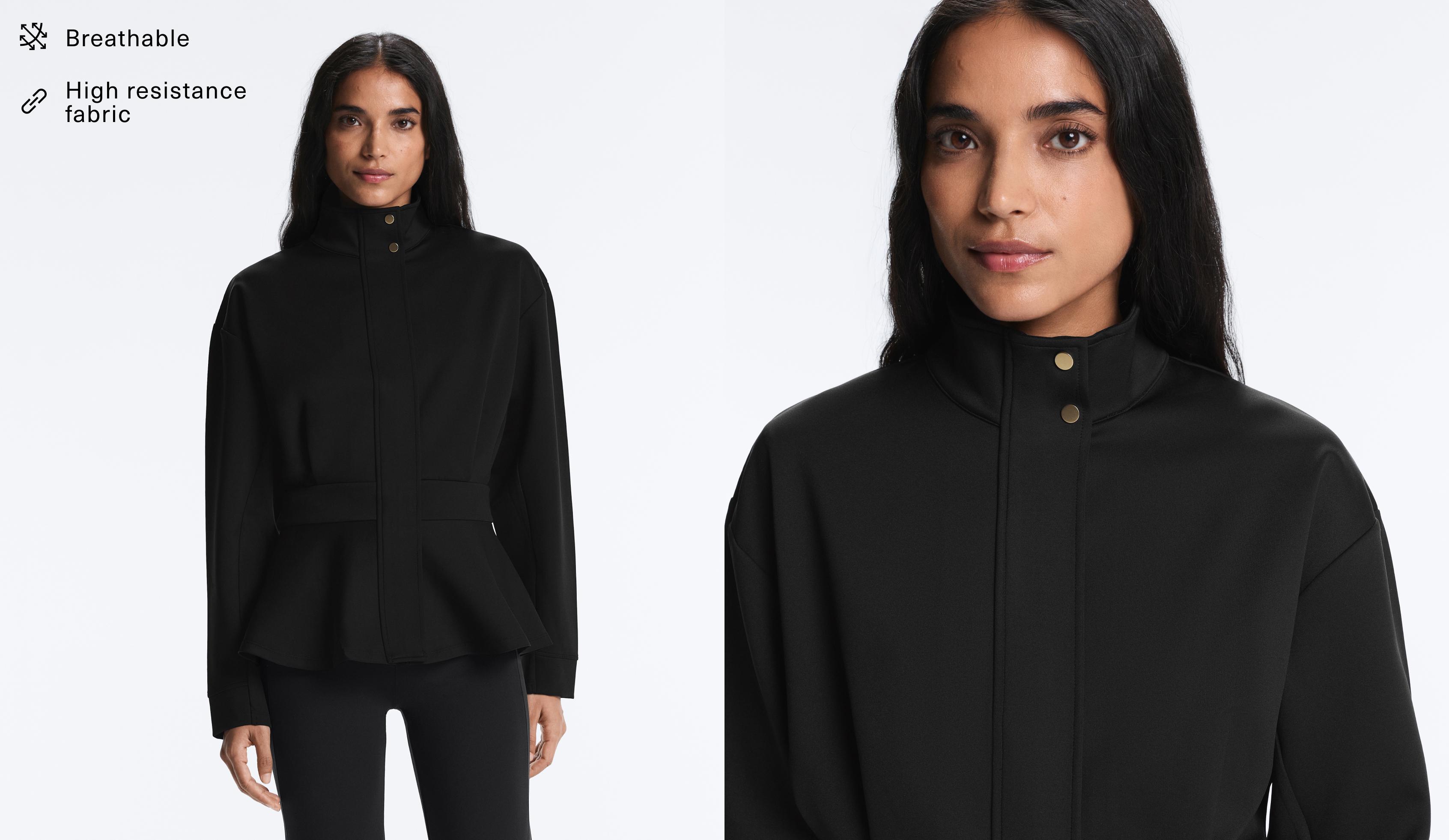 Neoprene-effect peplum jacket — BLACK