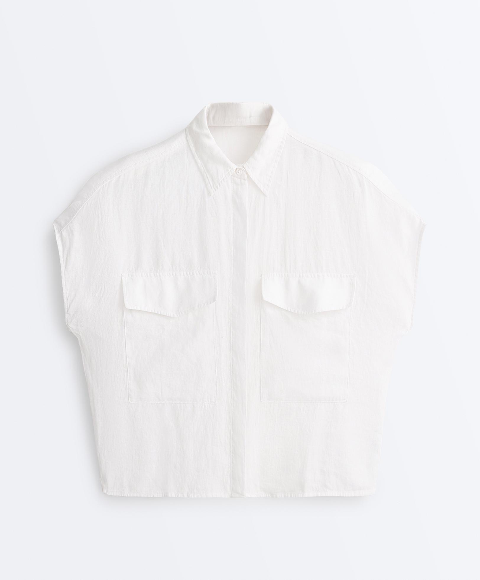 100% linen collared shirt with pockets — WHITE
