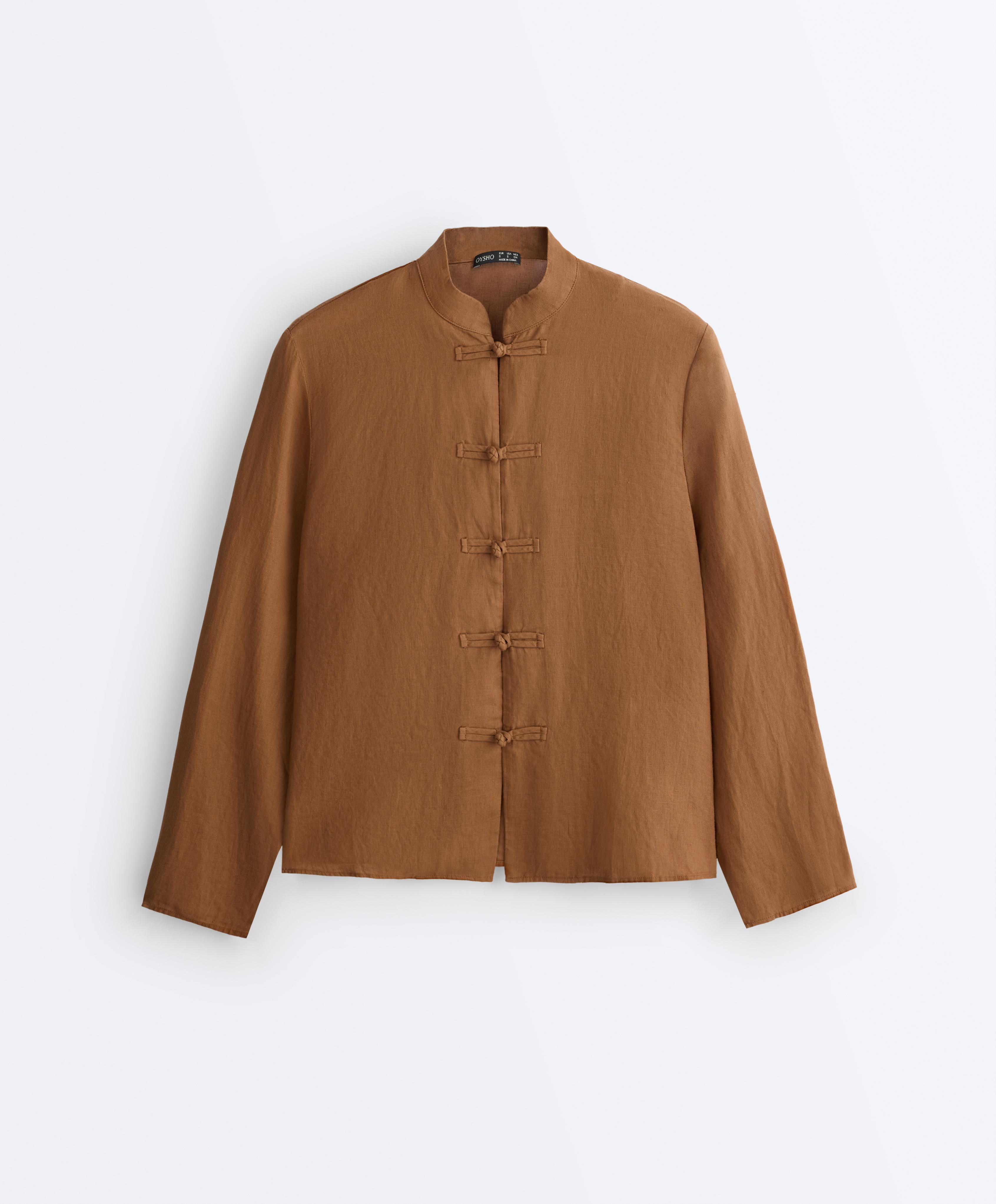 100% linen stand-up collar shirt — TOFFEE