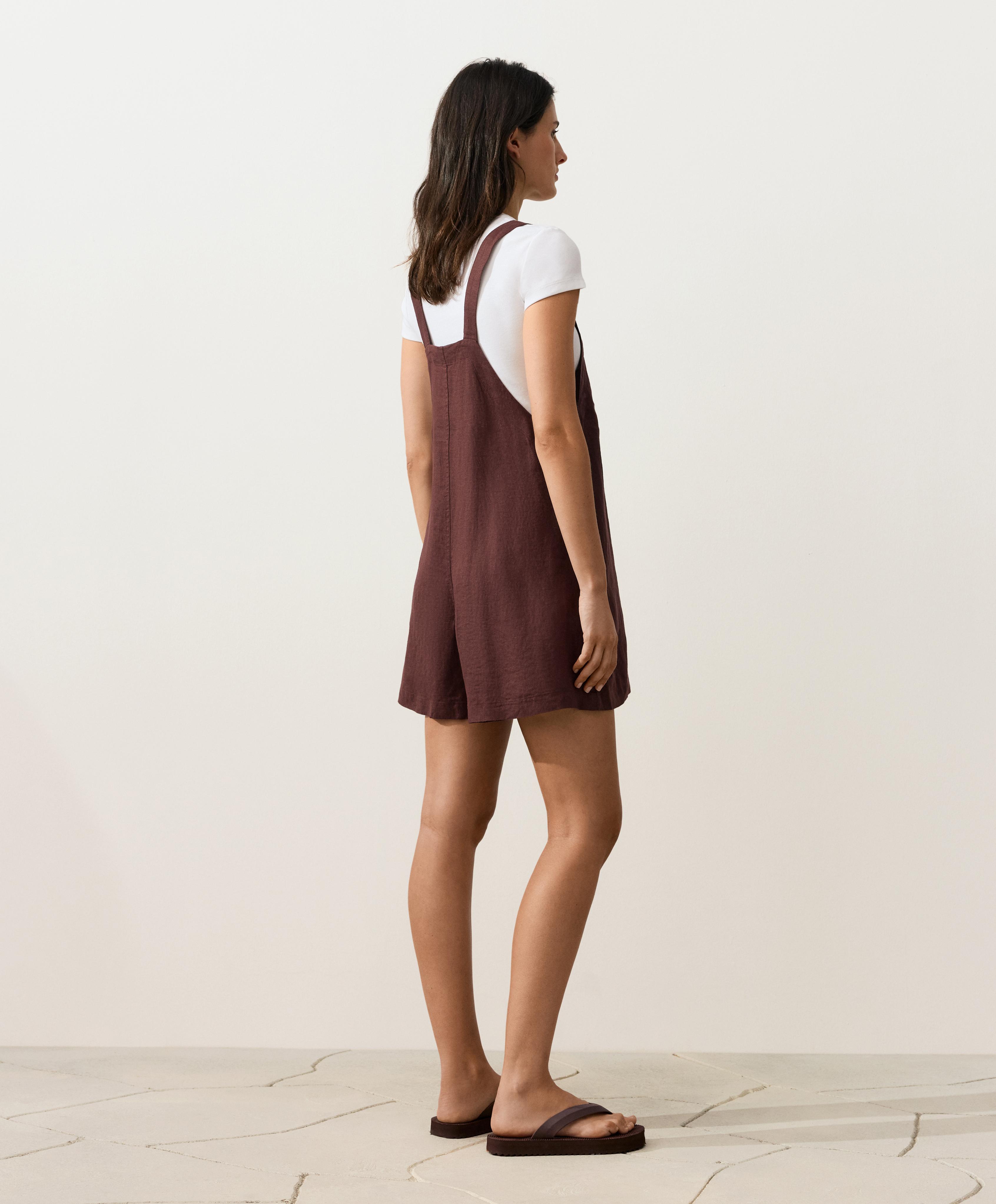 Short strappy 100% linen jumpsuit — CHOCOLATE