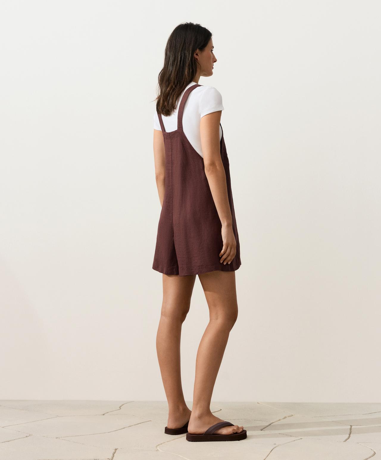 Short strappy 100% linen jumpsuit — CHOCOLATE