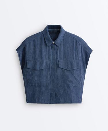 100% linen striped shirt with pockets — BLUE MELANGE 7