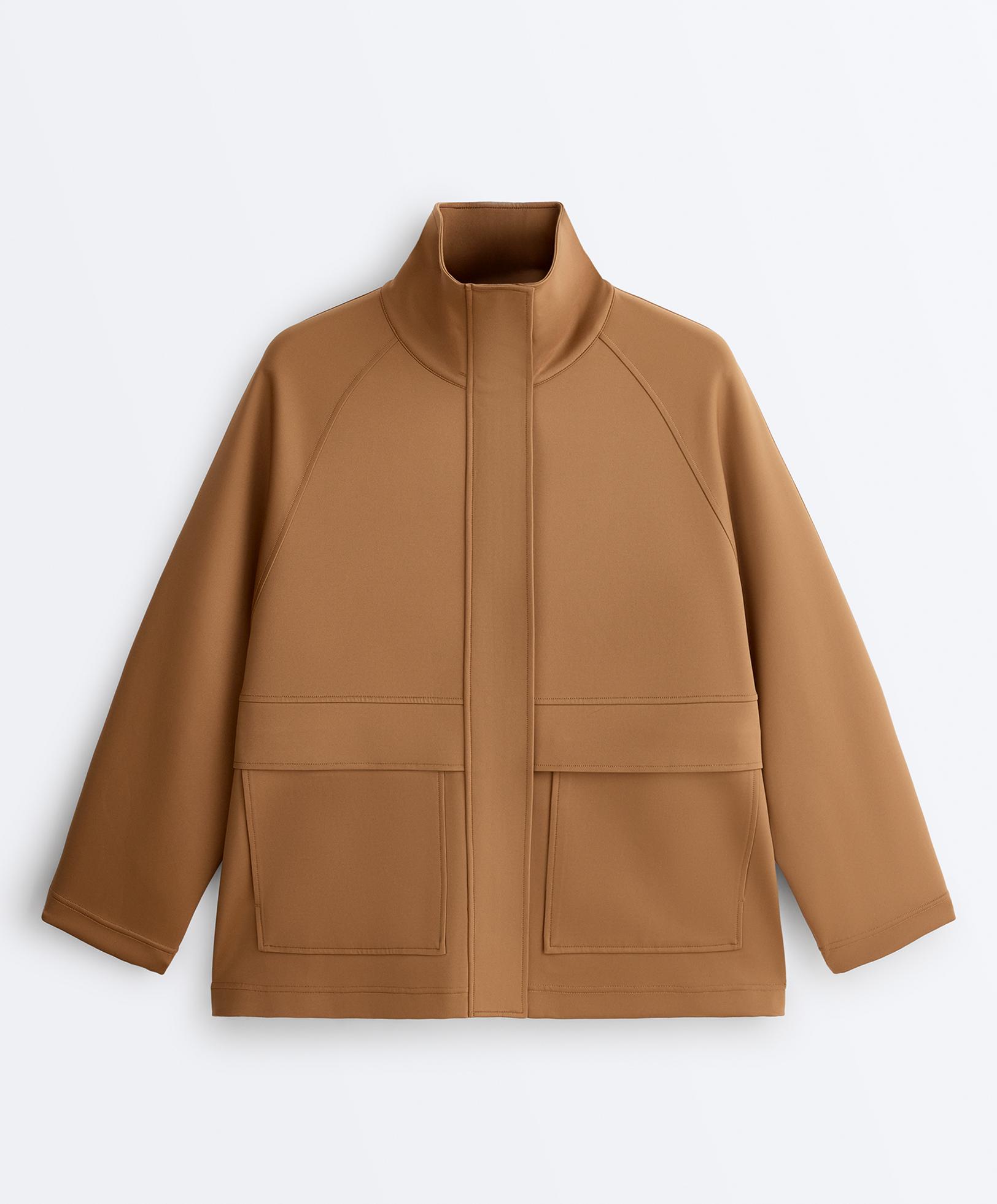 Long neoprene-effect jacket — PALE BROWN