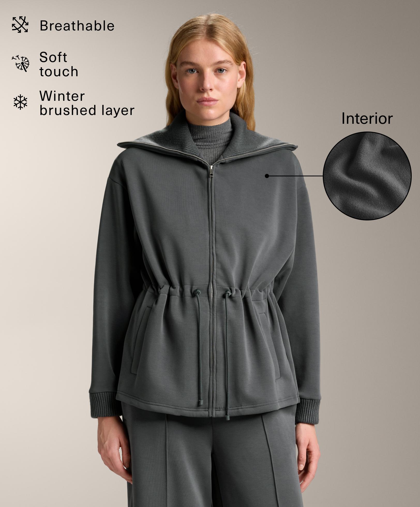 Long brushed modal jacket with adjustable waist and tricot collar Long brushed modal jacket with adjustable waist and tricot collar