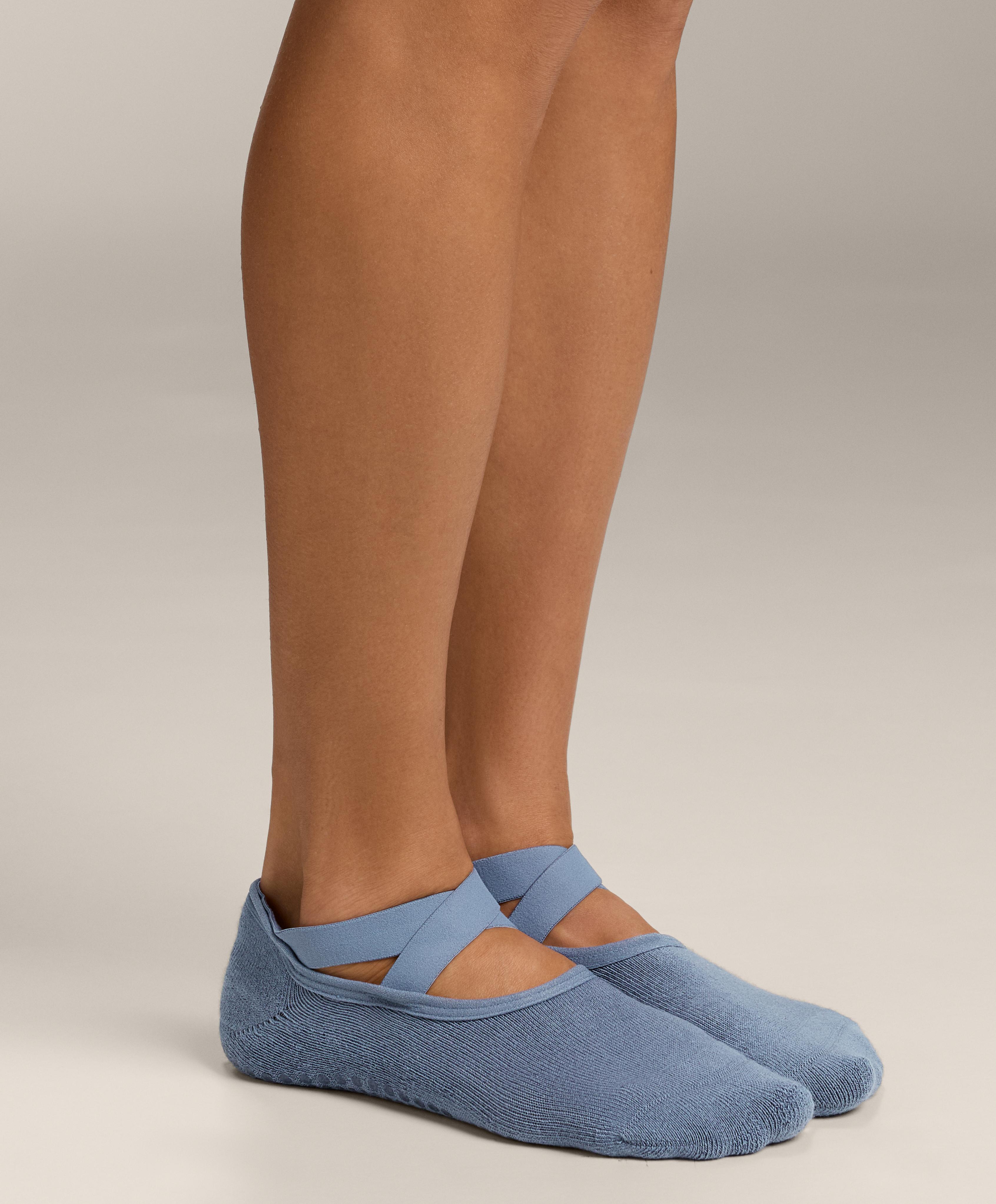2 pairs of padded cotton blend yoga and Pilates socks with crossover straps — BLUE